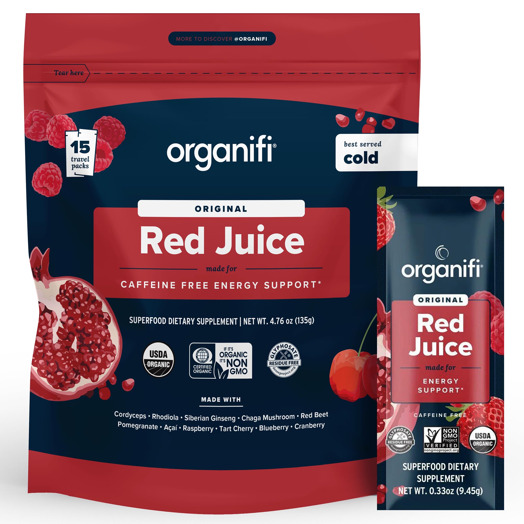 Organifi Red Juice: empaque compacto para uso diario y almacenamiento sencillo.
