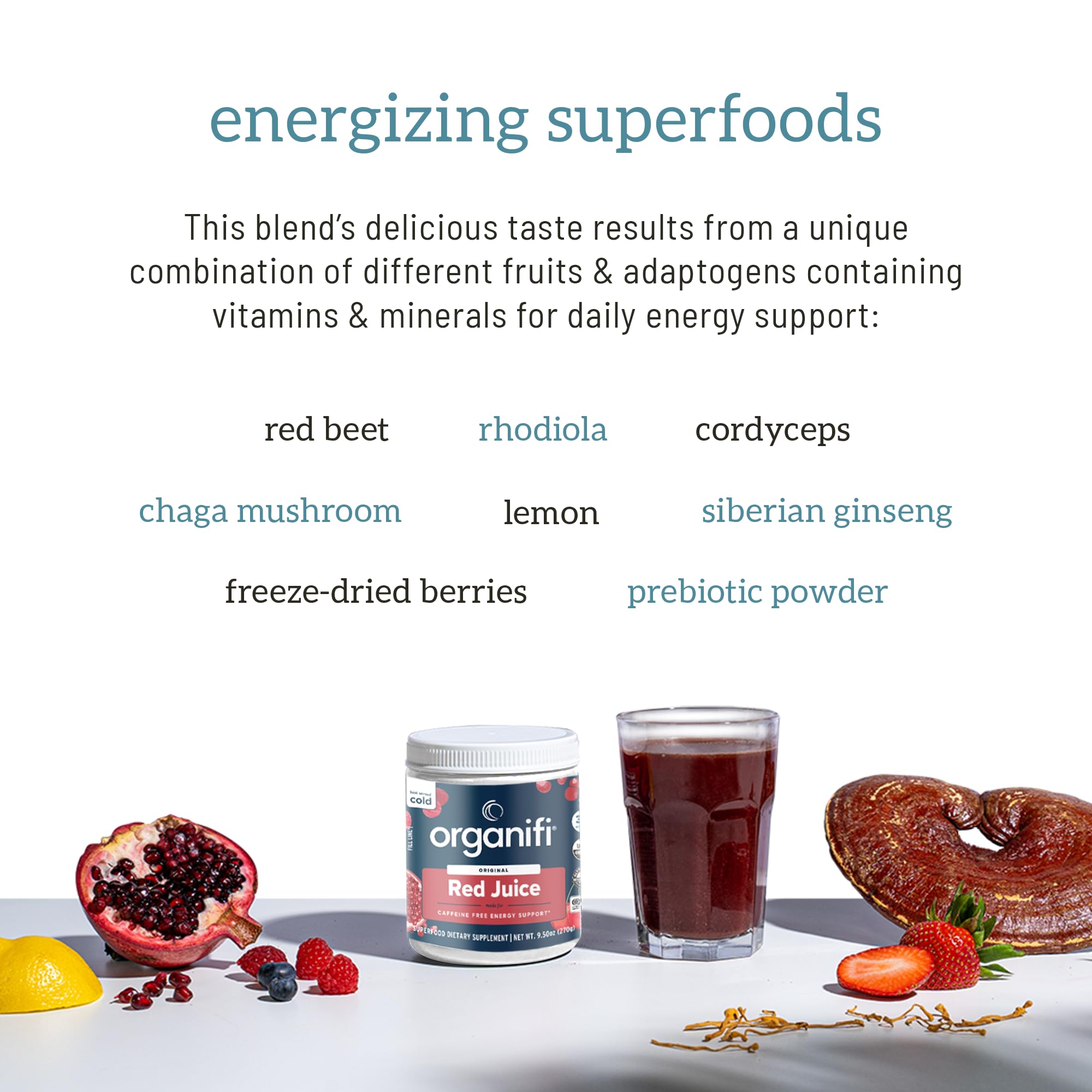Organifi Red Juice: ingredientes clave rhodiola y chaga para energía y enfoque