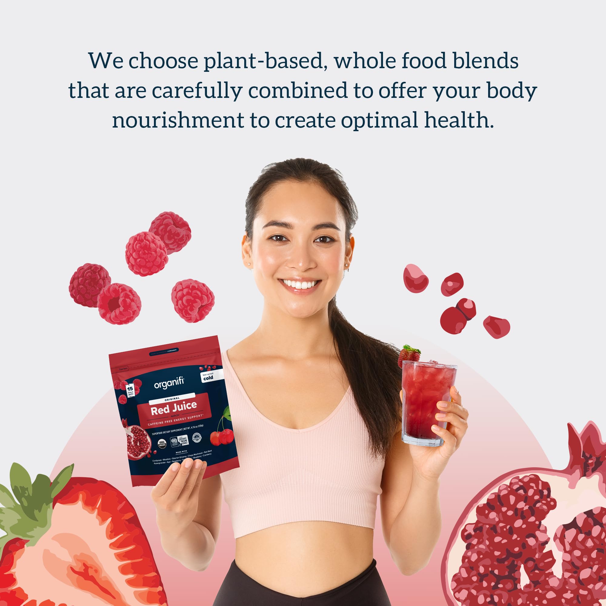 Organifi Red Juice con Rhodiola, cordyceps y chaga para enfoque natural.
