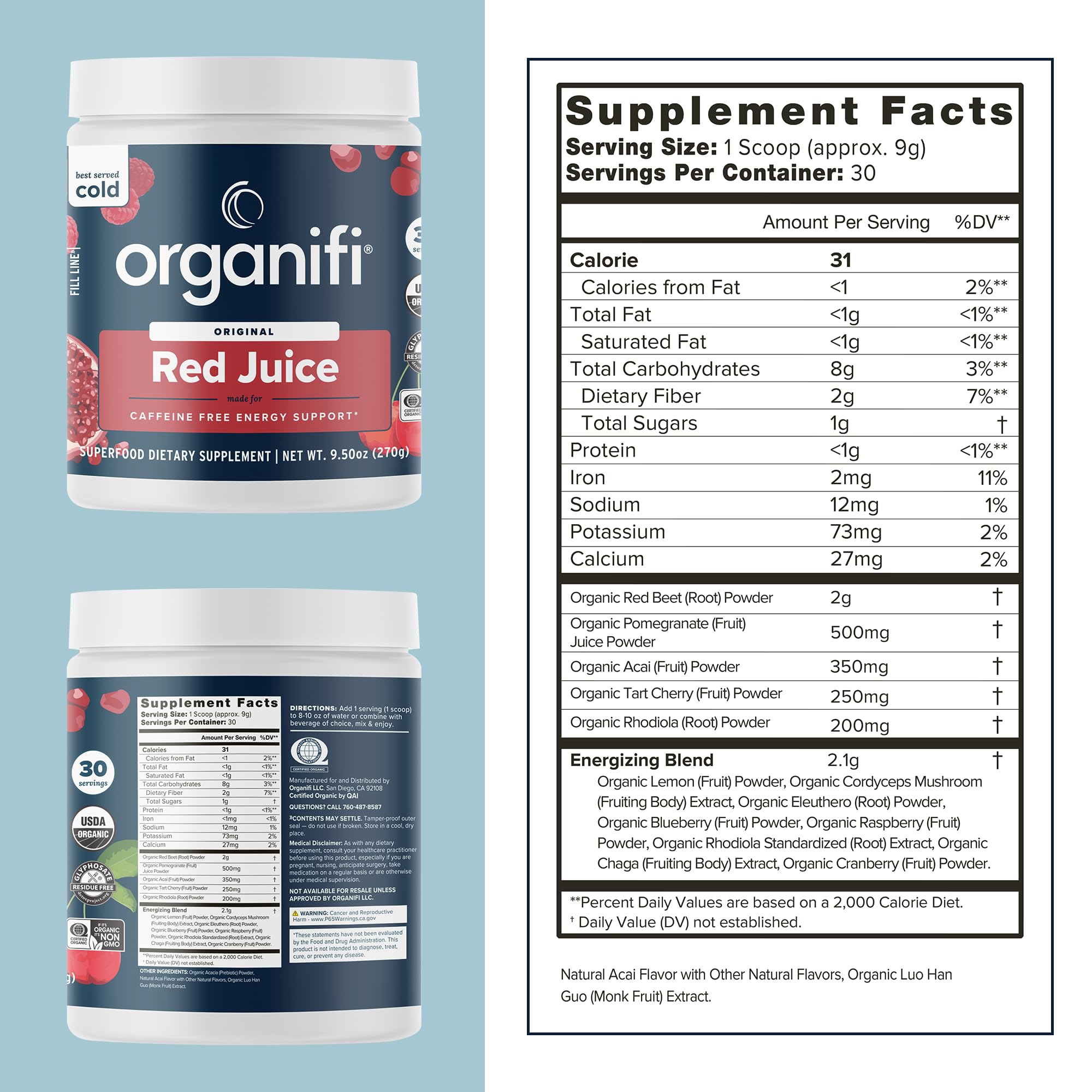 Organifi Red Juice: polvo mezclado en batido para apoyo digestivo y energía sostenida
