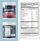 Organifi Red Juice: polvo mezclado en batido para apoyo digestivo y energía sostenida