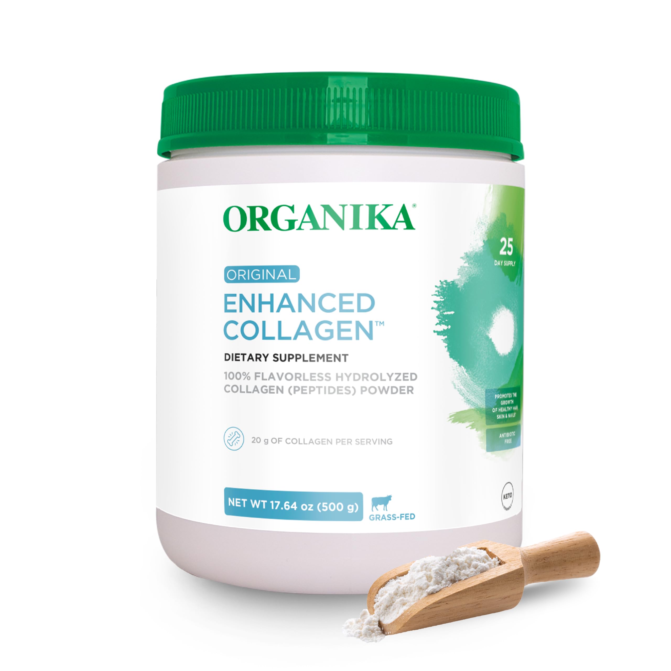Organika Colágeno Hidrolizado Mejorado en envase, fácil de almacenar y usar.