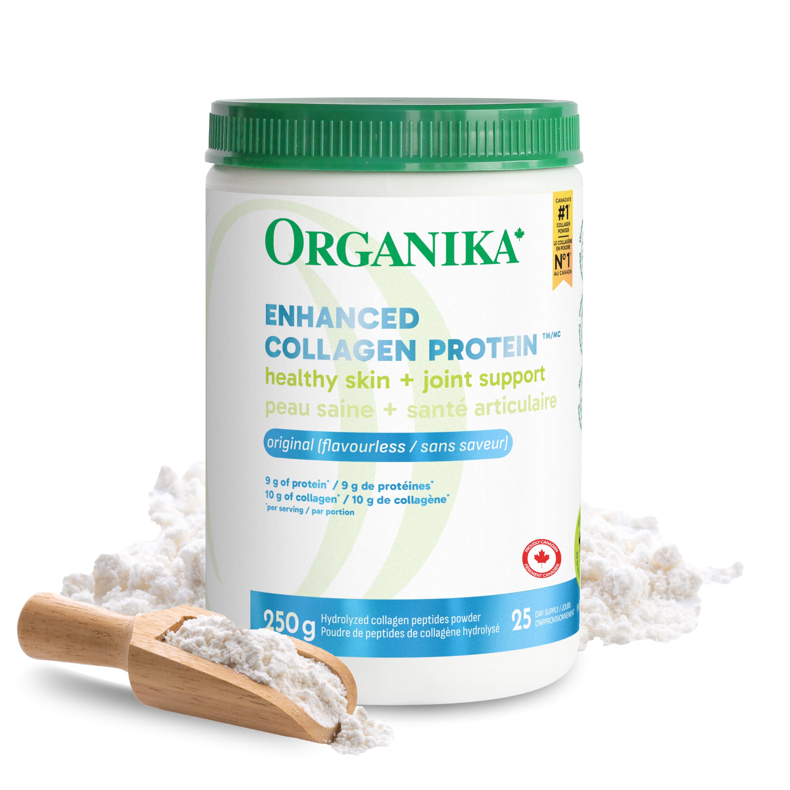Organika Colágeno Mejorado, botella y vertido, apoyo a cabello, piel y articulaciones.
