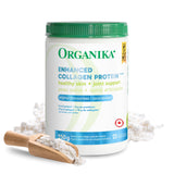 Organika Colágeno Mejorado, botella y vertido, apoyo a cabello, piel y articulaciones.