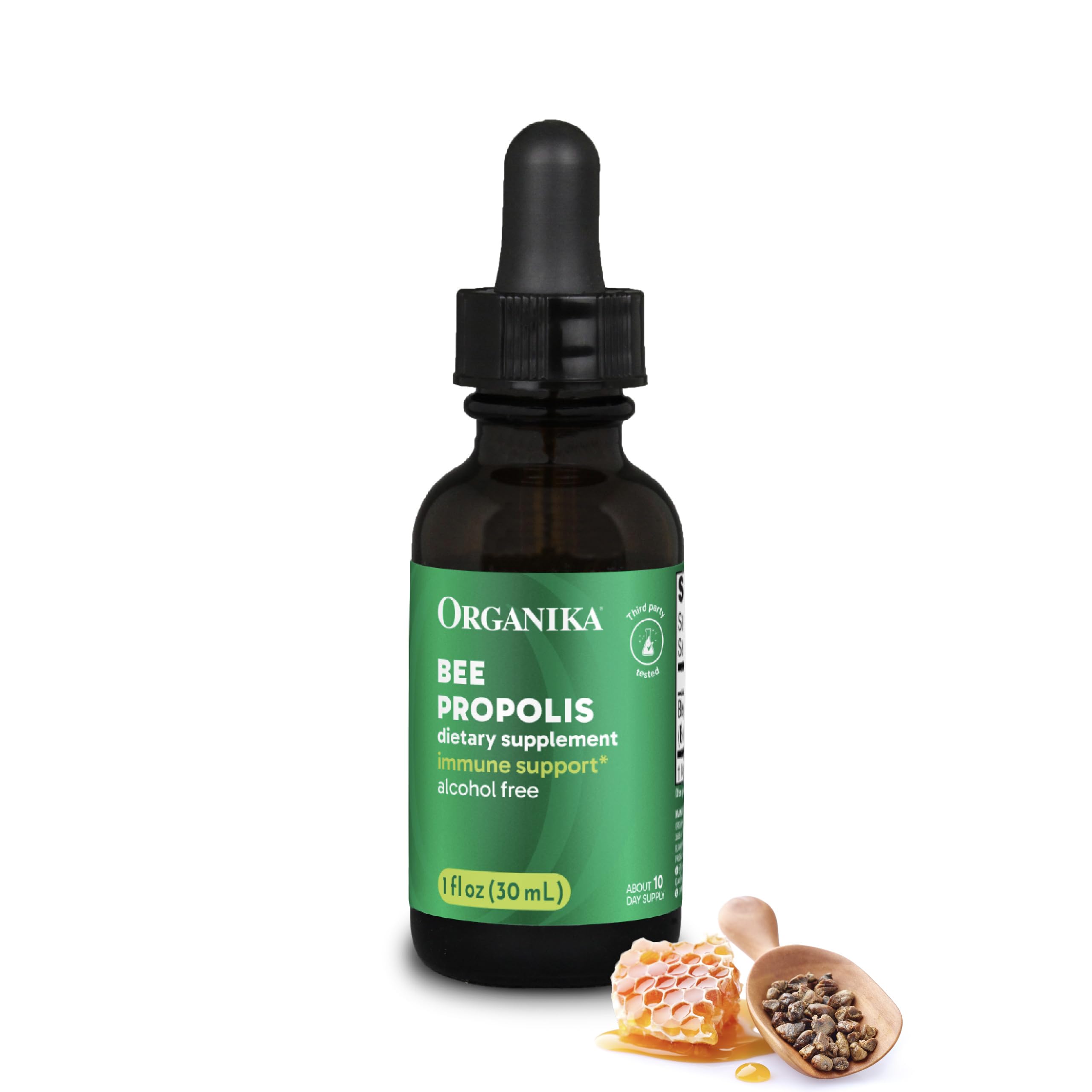 Organika Propolis Tintura 1oz, botella visible para uso diario de la garganta.