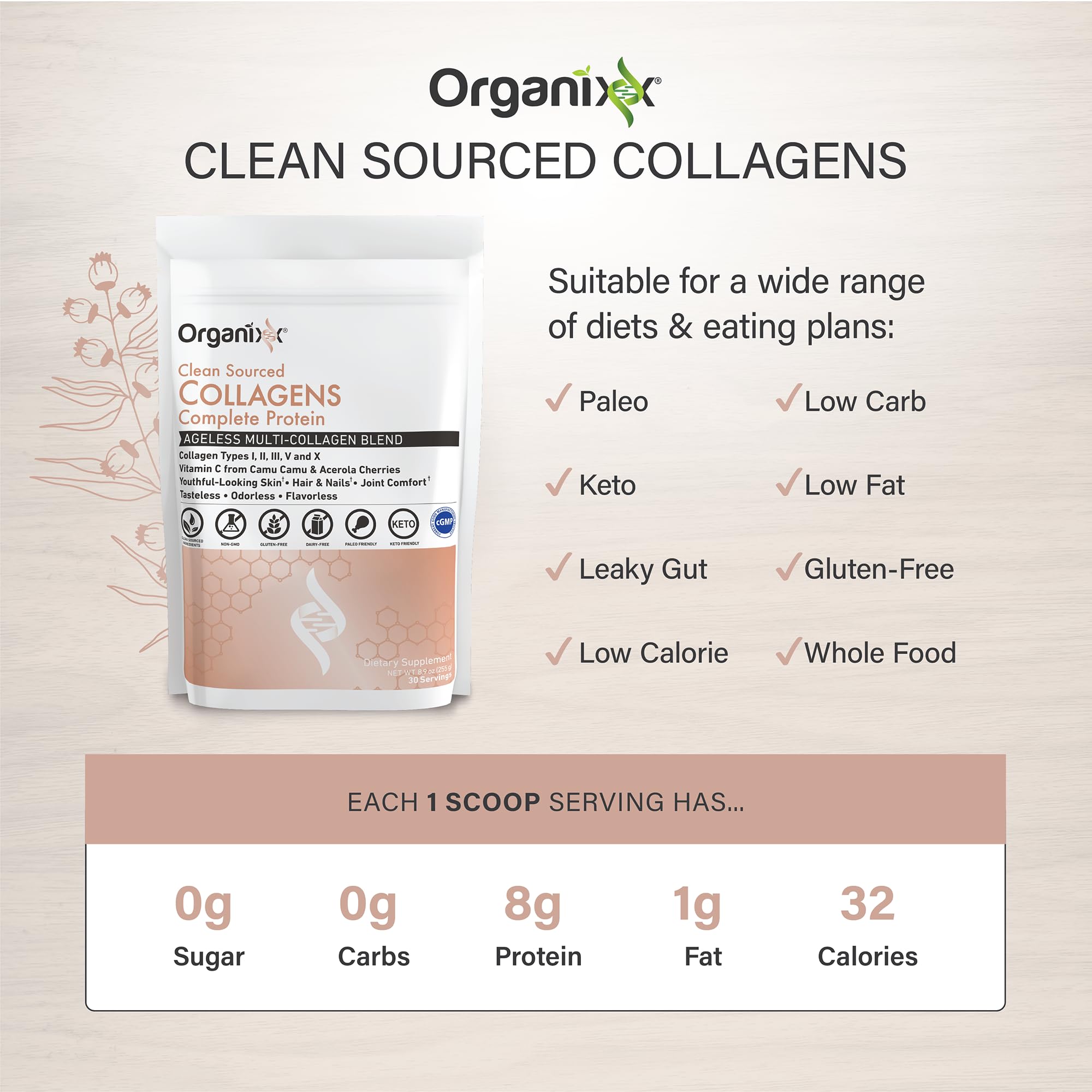 Organixx colageno hidrolizado, ideal para batidos y bebidas calientes