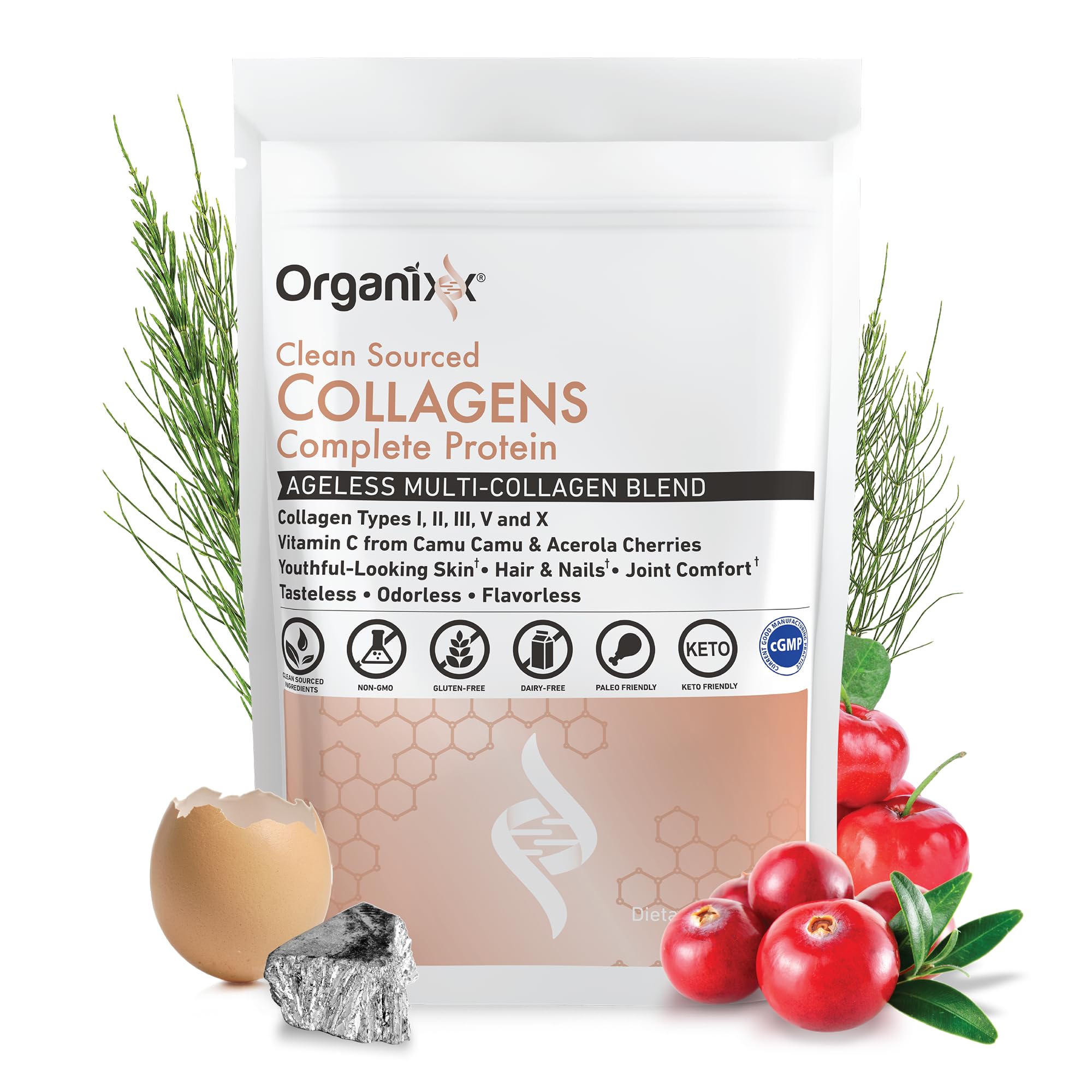 Organixx colageno limpio en polvo, bote, favorece hidratacion de la piel