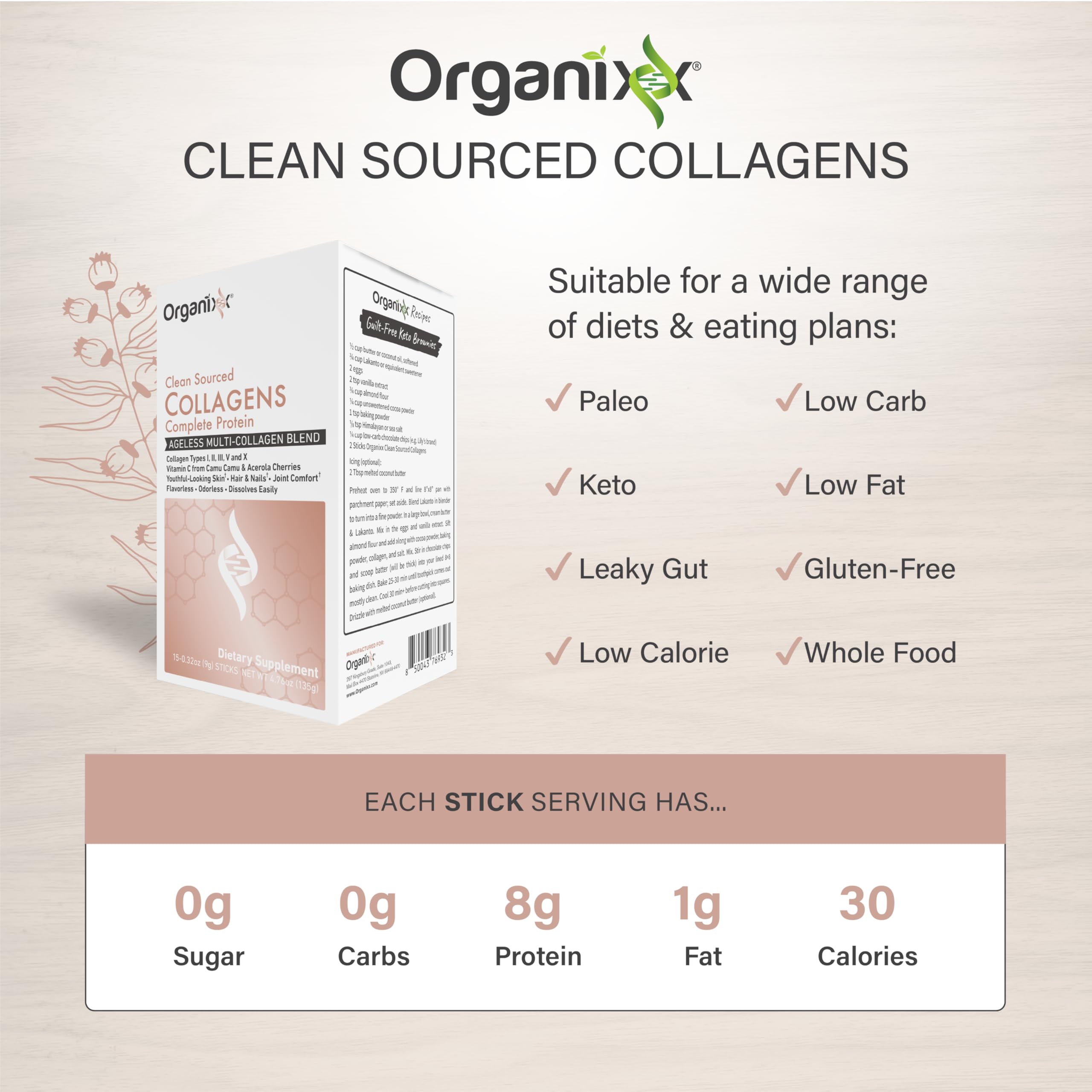 Organixx Colágeno cinco tipos para soporte de piel y articulaciones.