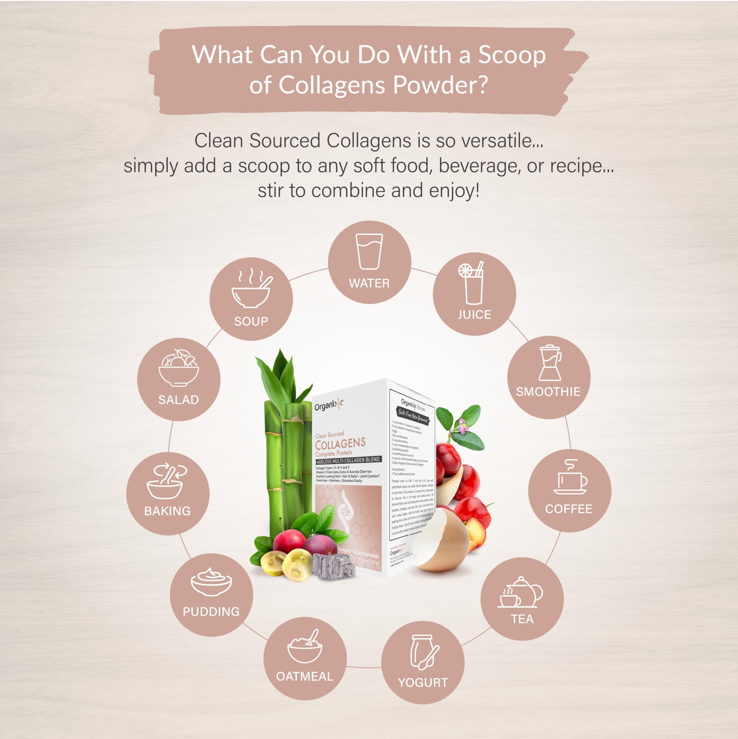 Organixx Colágeno con vitamina C y zinc, nutrientes para una piel saludable.