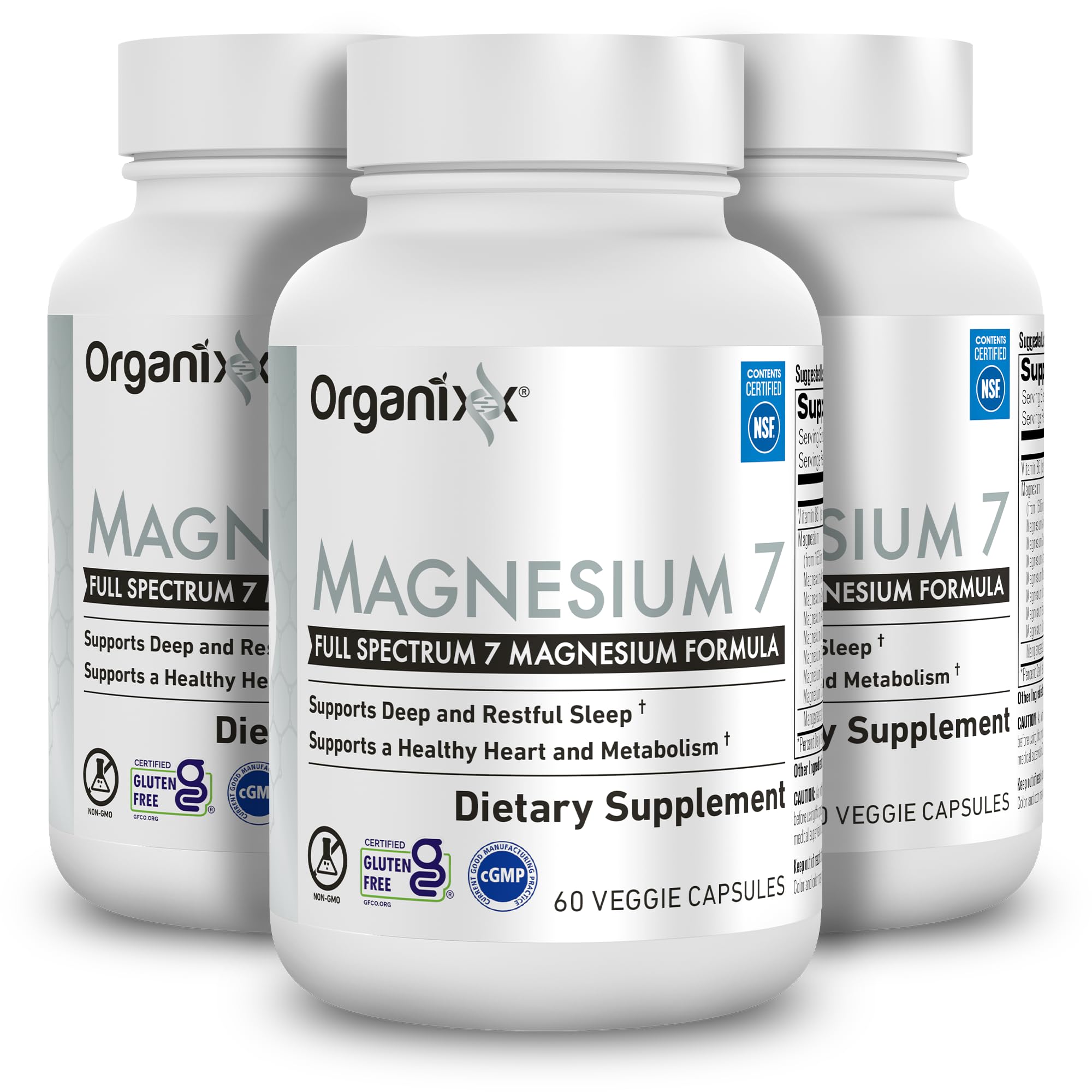 Organixx Magnesium 7 en botella de cápsulas, apoyo al sueño y relajación muscular.