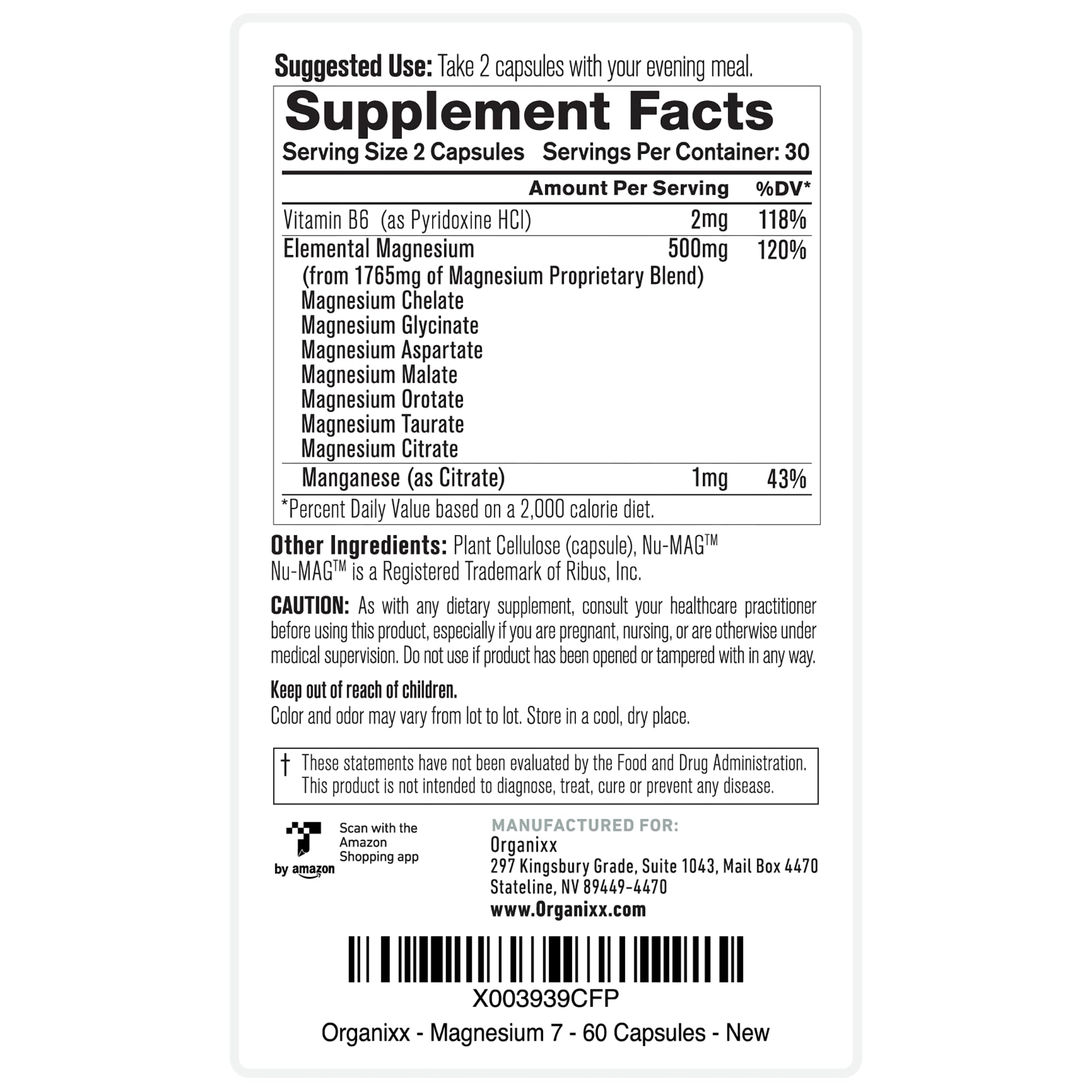 Organixx Magnesium 7 vegano y sin OGM para un estilo de vida consciente.