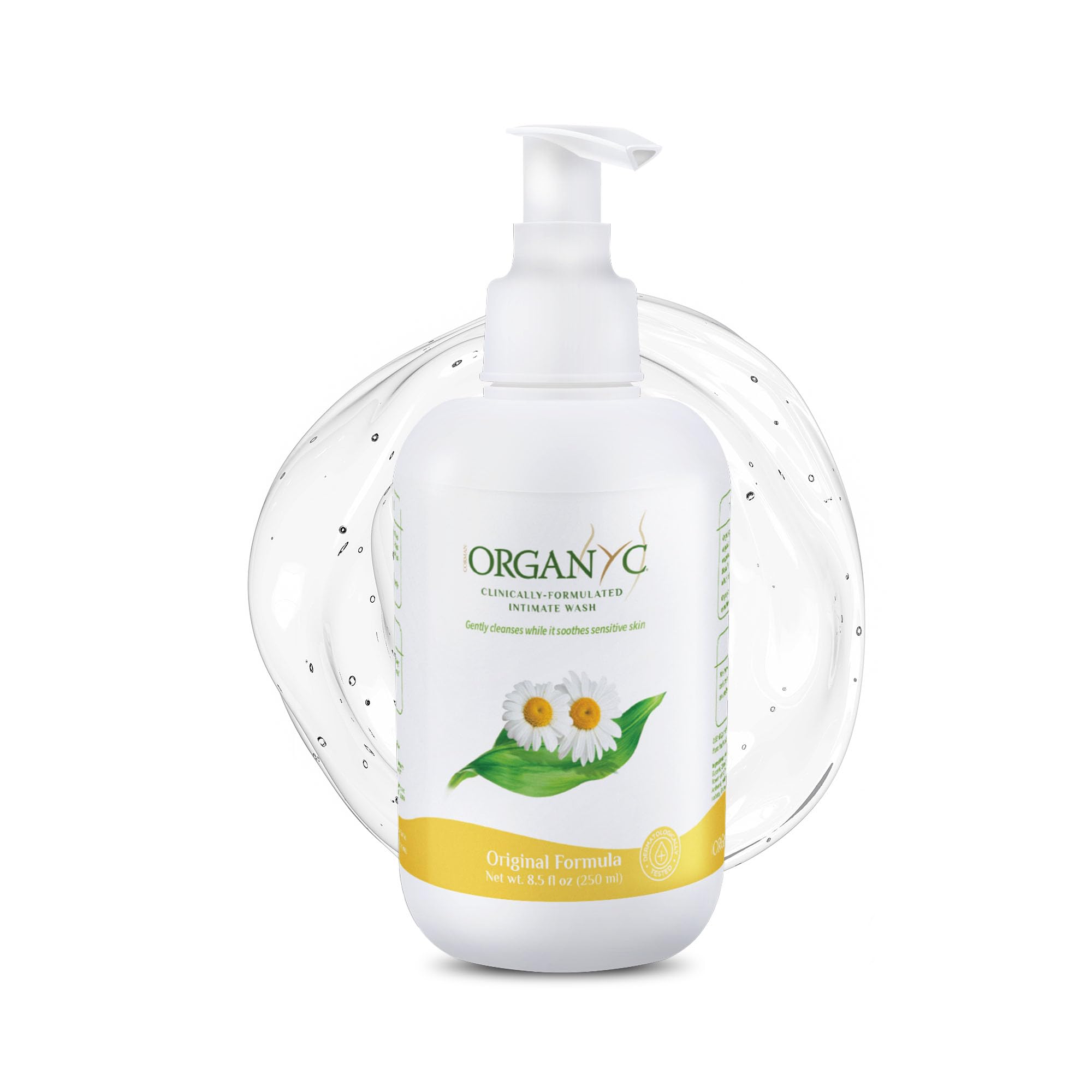 Organyc botella de lavado íntimo con camomila para piel sensible.