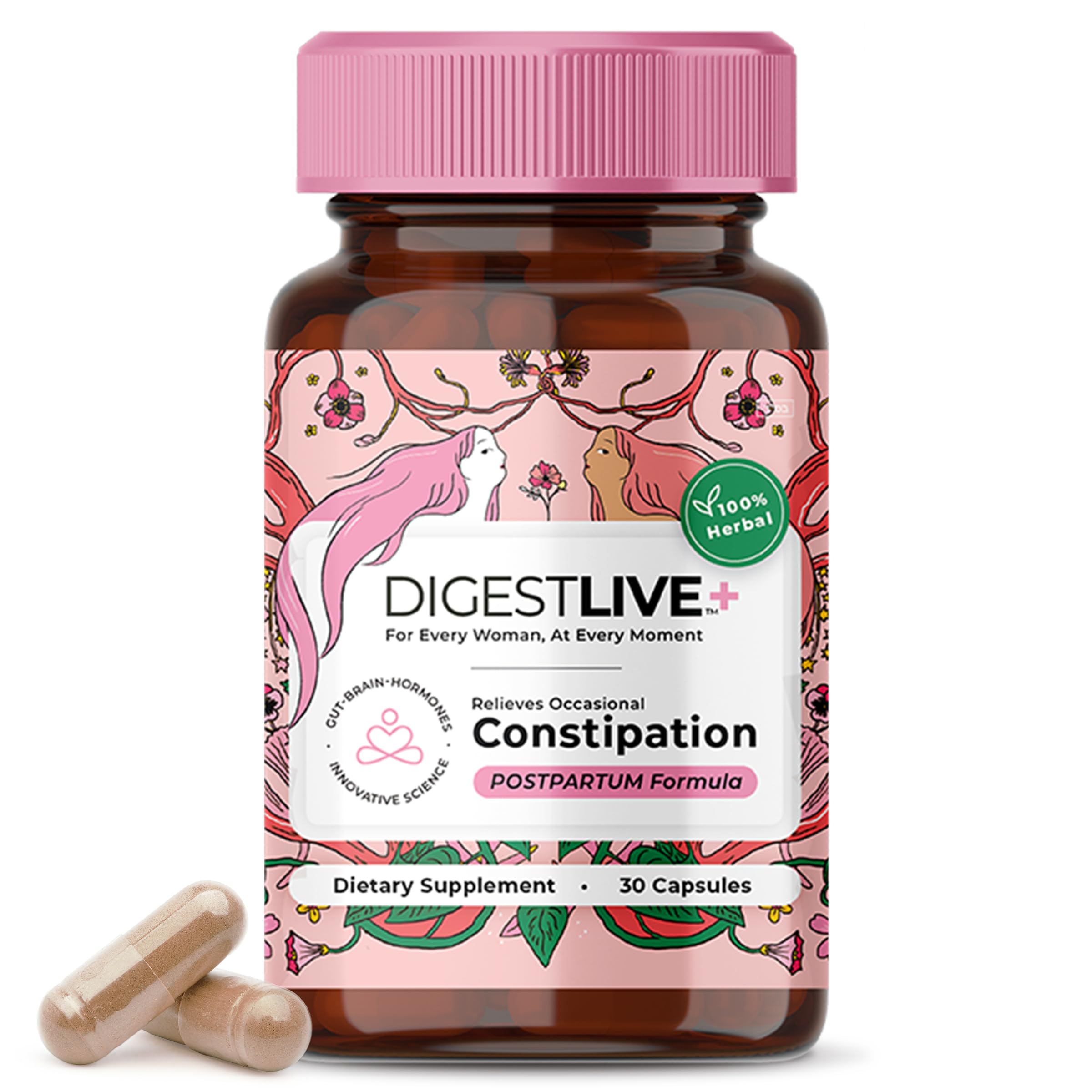 Organza DigestLive: botella de cápsulas para alivio digestivo posparto, fácil de usar