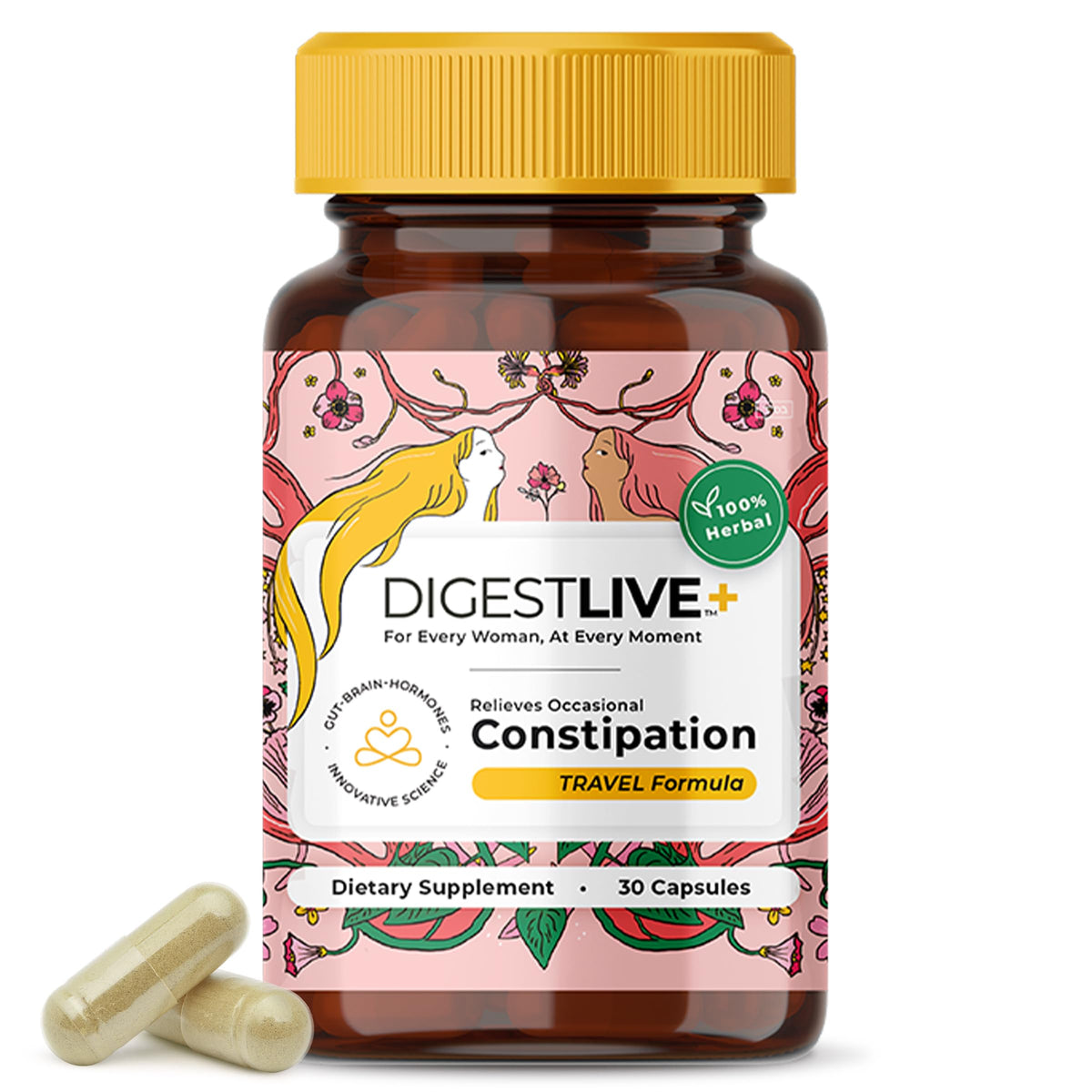 DigestLive Organza: botella de cápsulas para alivio suave y natural.