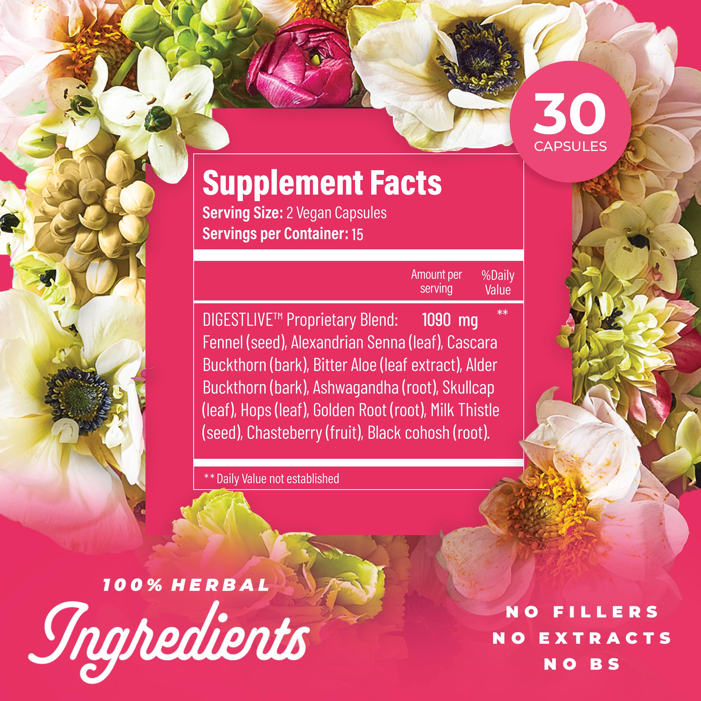 Organza DigestLive, botella de cápsulas para cuidado intestinal durante PMS.