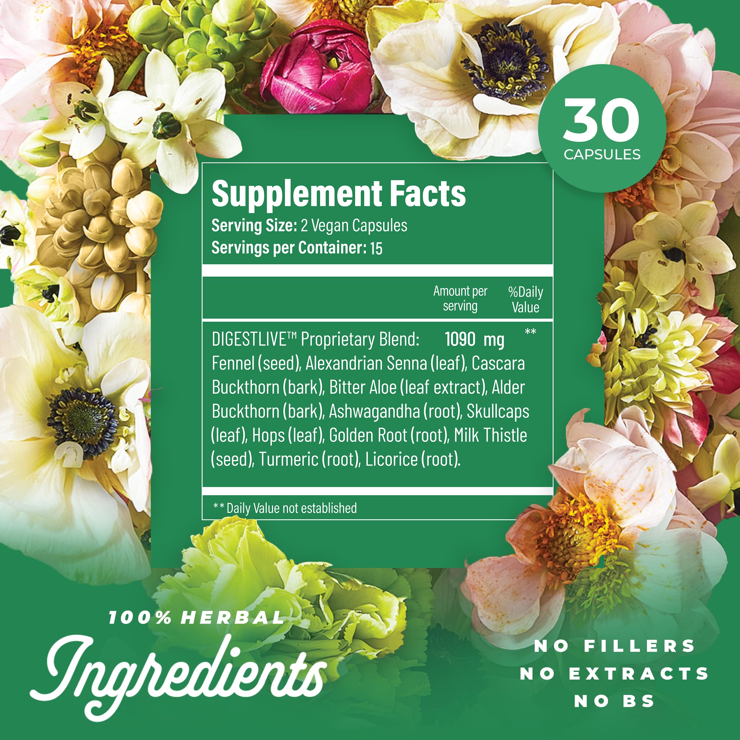 Organza DigestLive: etiqueta con ingredientes herbales visibles