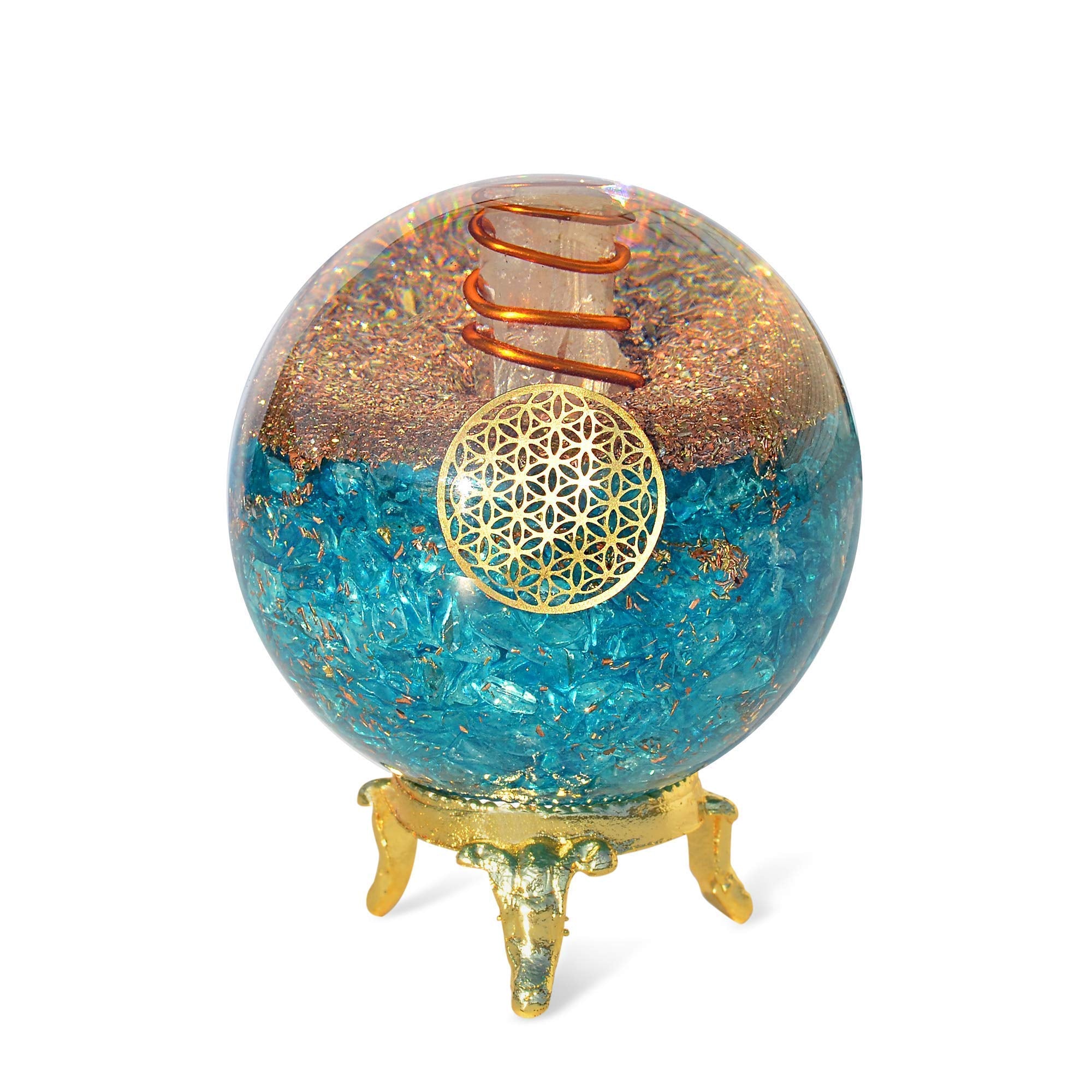 Orgonite Crystal bola azul aquamarina con base, ideal para serenidad en el espacio.