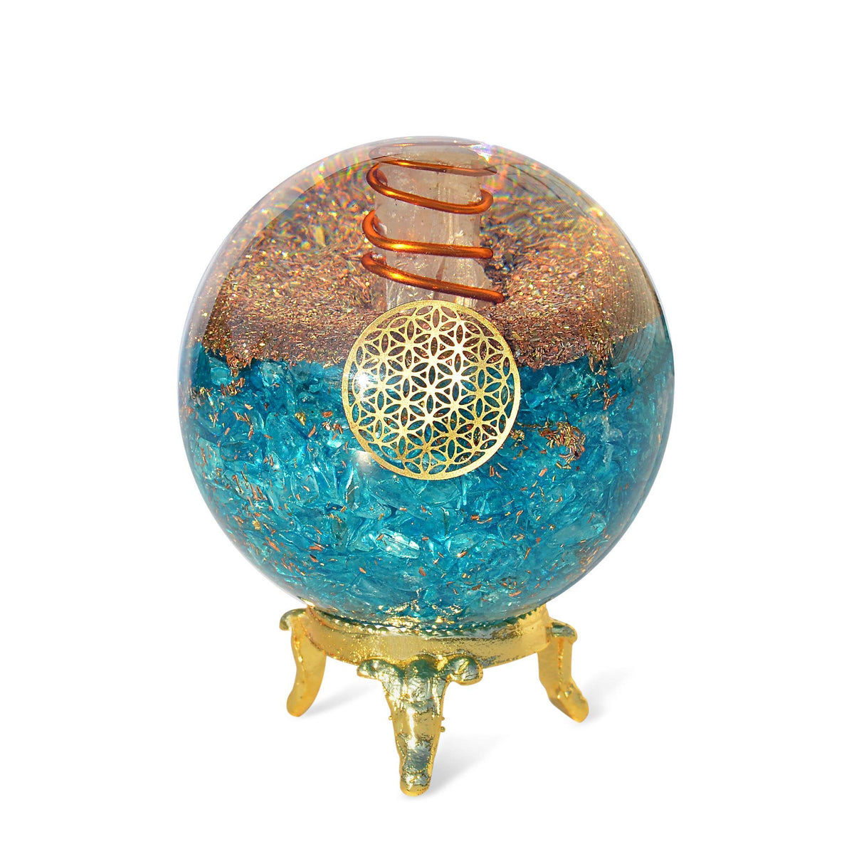Orgonite Crystal bola azul aquamarina con base, ideal para serenidad en el espacio.