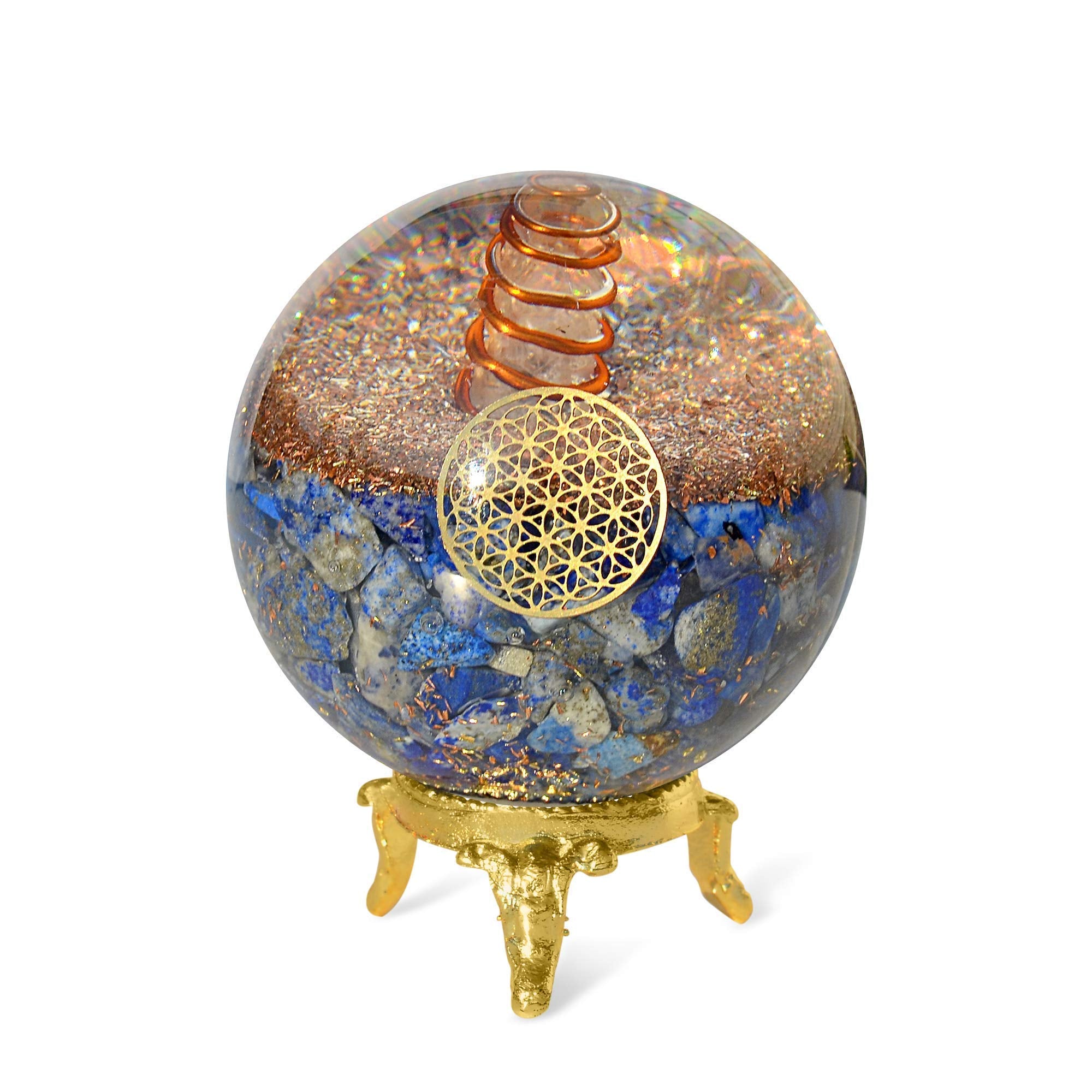 Orgonite Crystal bola lapis lazuli con portador, ideal para enfoque.