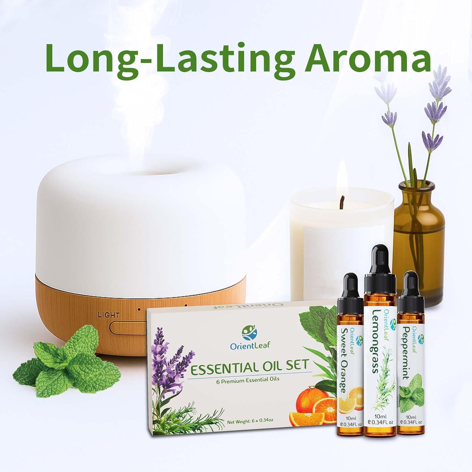 ORIENTLEAF Eucalipto: frasco ámbar para difusor, sensación de claridad y frescura.