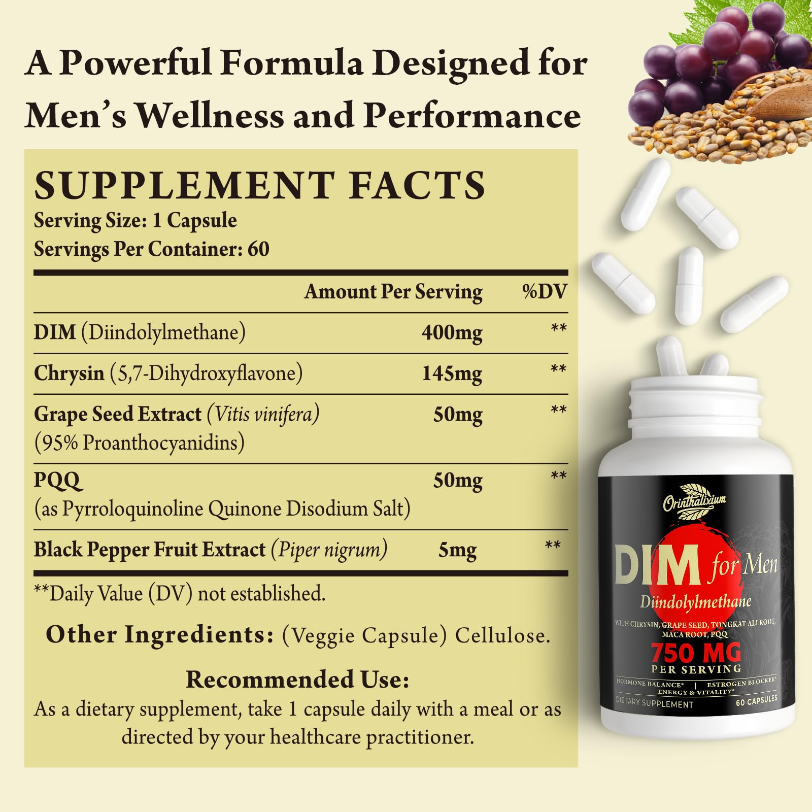 Orinthalixium DIM para hombres, ingredientes clave, favorecen absorción y biodisponibilidad.