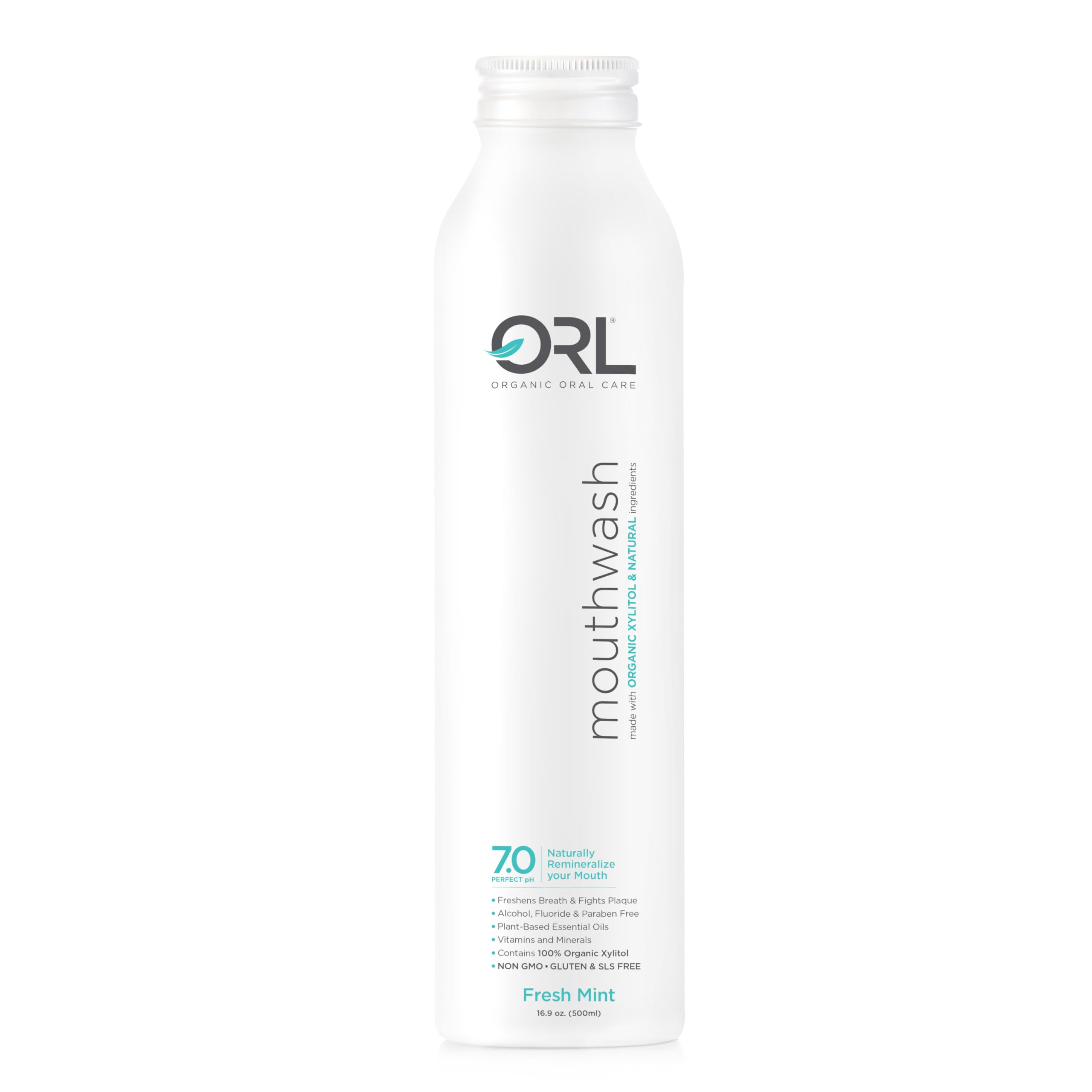 Enjuague bucal Orl en botella de aluminio, cuidado ecológico para la higiene diaria.