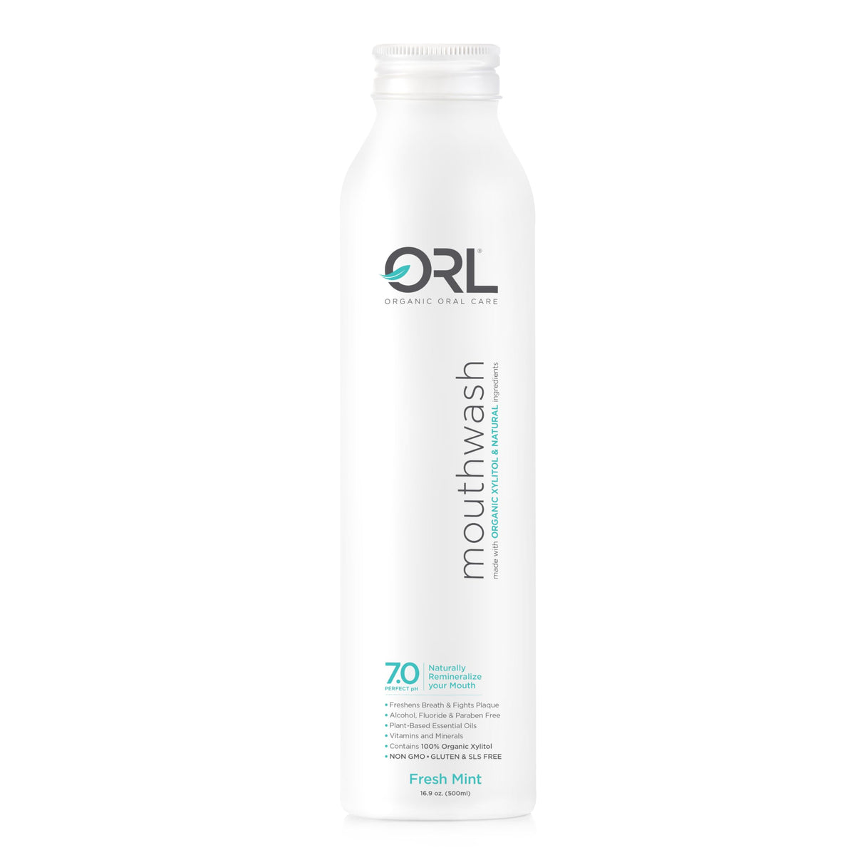 Enjuague bucal Orl en botella de aluminio, cuidado ecológico para la higiene diaria.