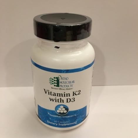 Ortho Molecular Vitamina K2 con D3, envase de cápsulas, apoya huesos y circulación saludable.
