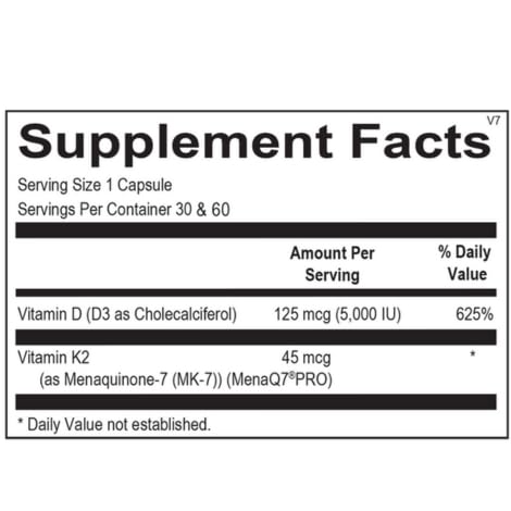 Ortho Molecular Vitamina K2 con D3, etiqueta frontal, promueve salud ósea y metabolismo saludable.