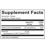 Ortho Molecular Vitamina K2 con D3, etiqueta frontal, promueve salud ósea y metabolismo saludable.