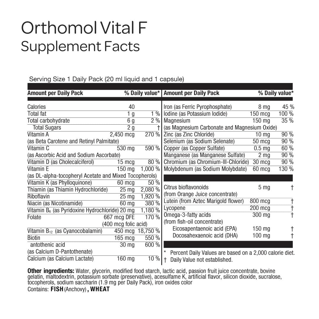 Orthomol Vital F, suplemento líquido omega-3: favorece bienestar general y salud celular.