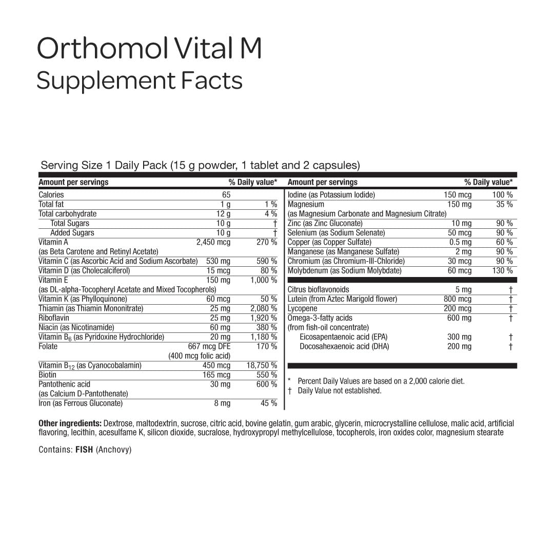 Orthomol Vital M etiqueta nutricional: detalle de vitaminas y minerales.