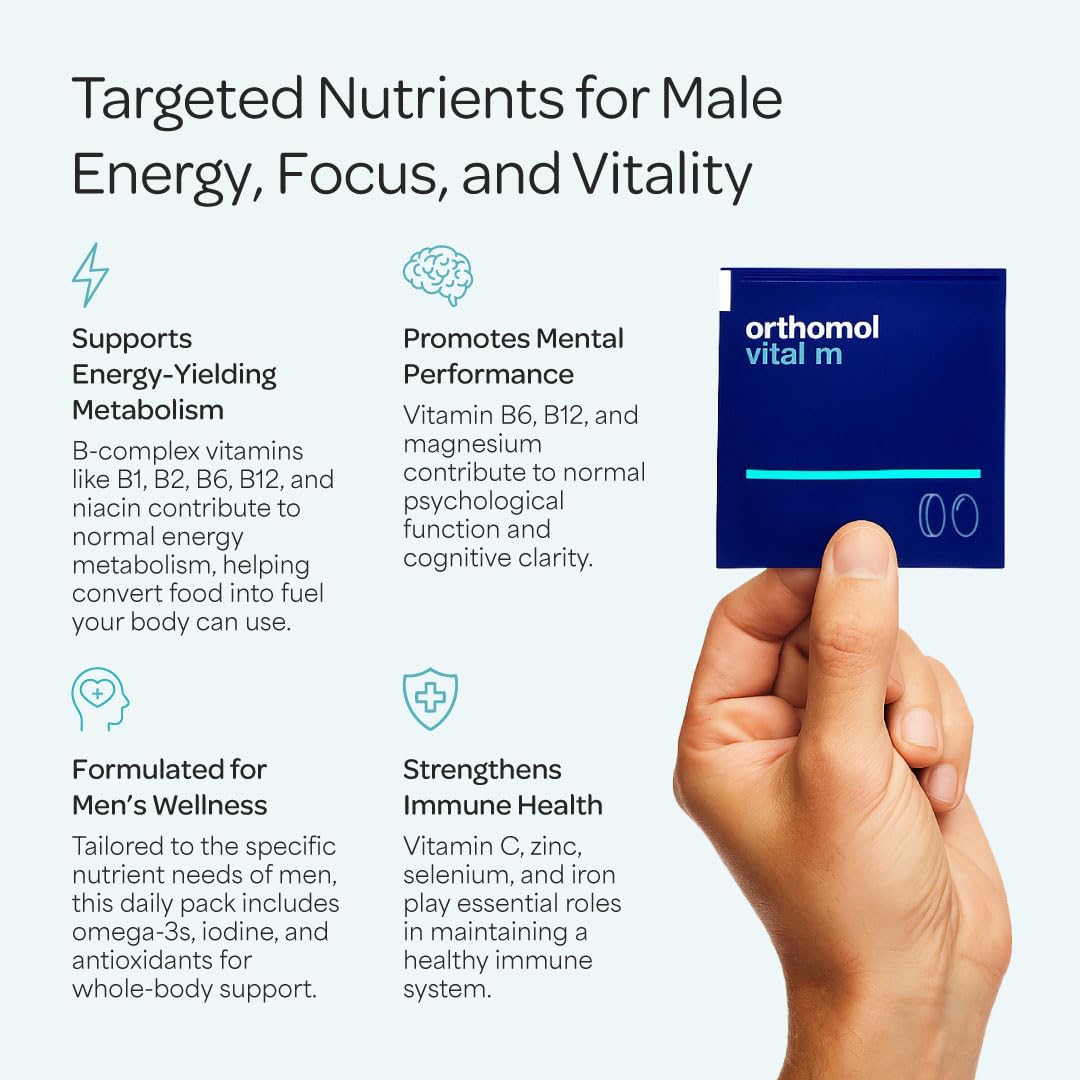 Orthomol Vital M presentación para hombres: apoyo a la energía diaria.