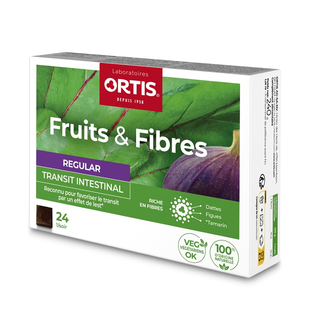 Ortis Frutos y Fibras Regular, empaque de 24 cubos para uso diario.