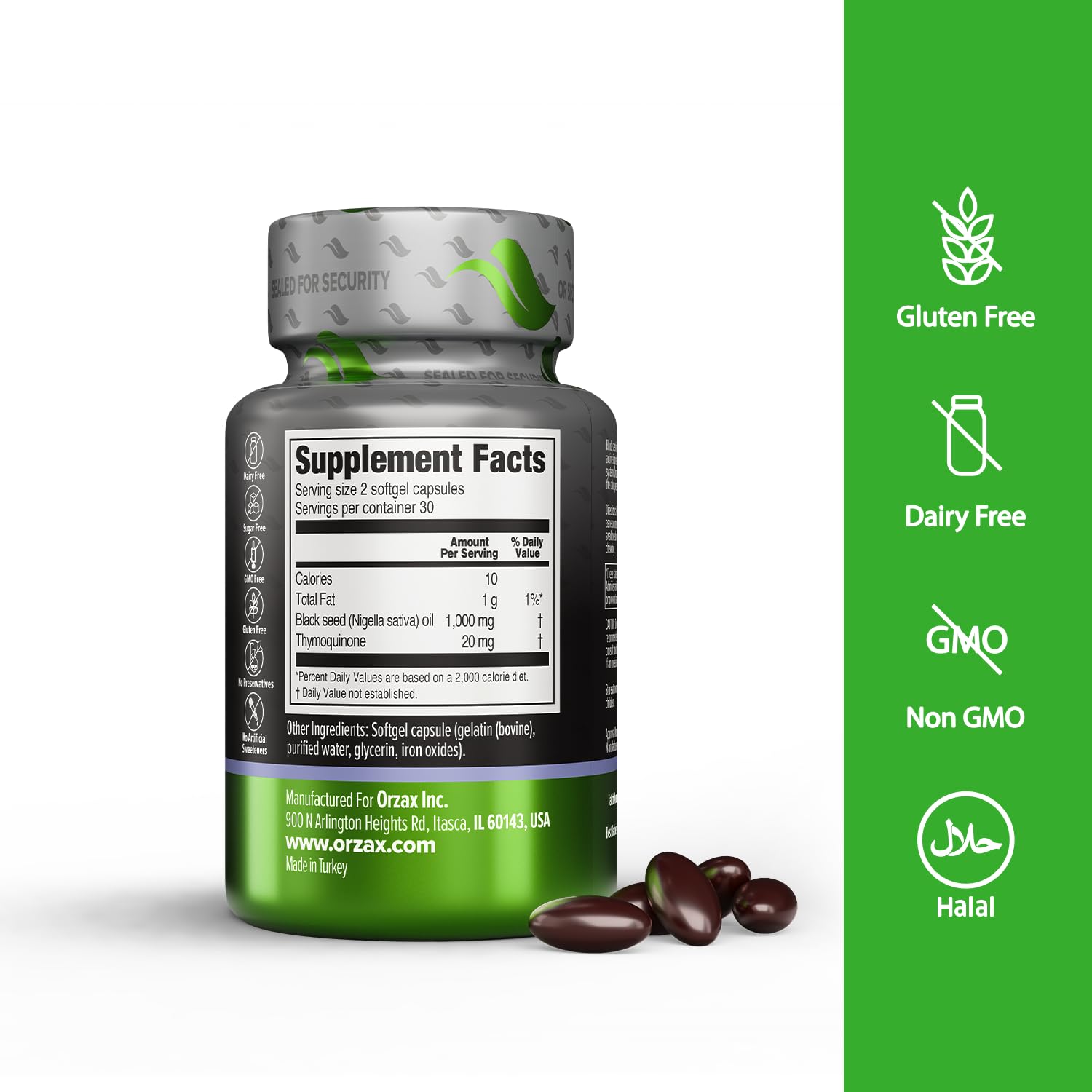 ORZAX cápsulas de aceite de semilla negra junto a la etiqueta, para cuidado diario del cabello.