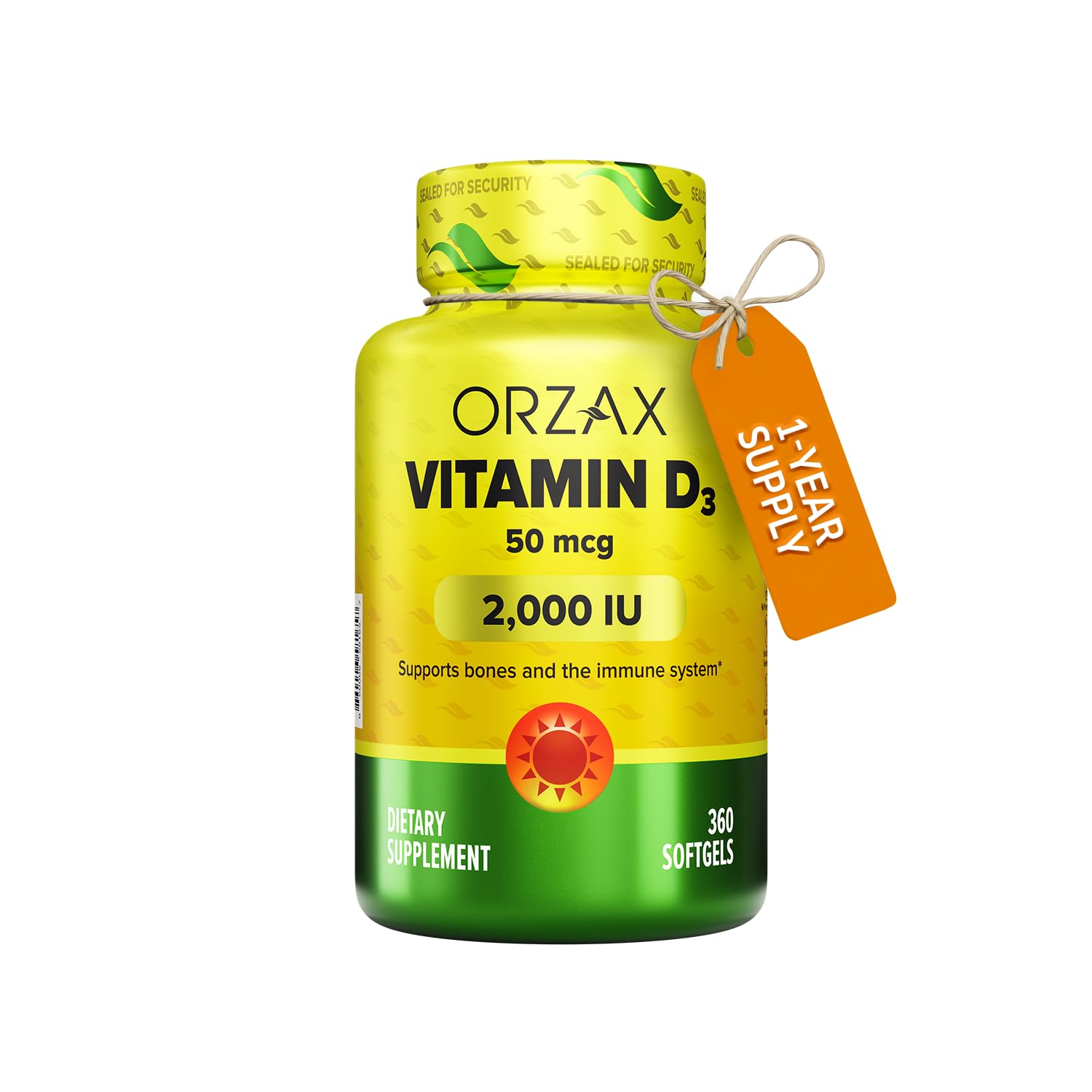 ORZAX Vitamina D3 2000 UI frente a la botella, cápsulas suaves para uso diario