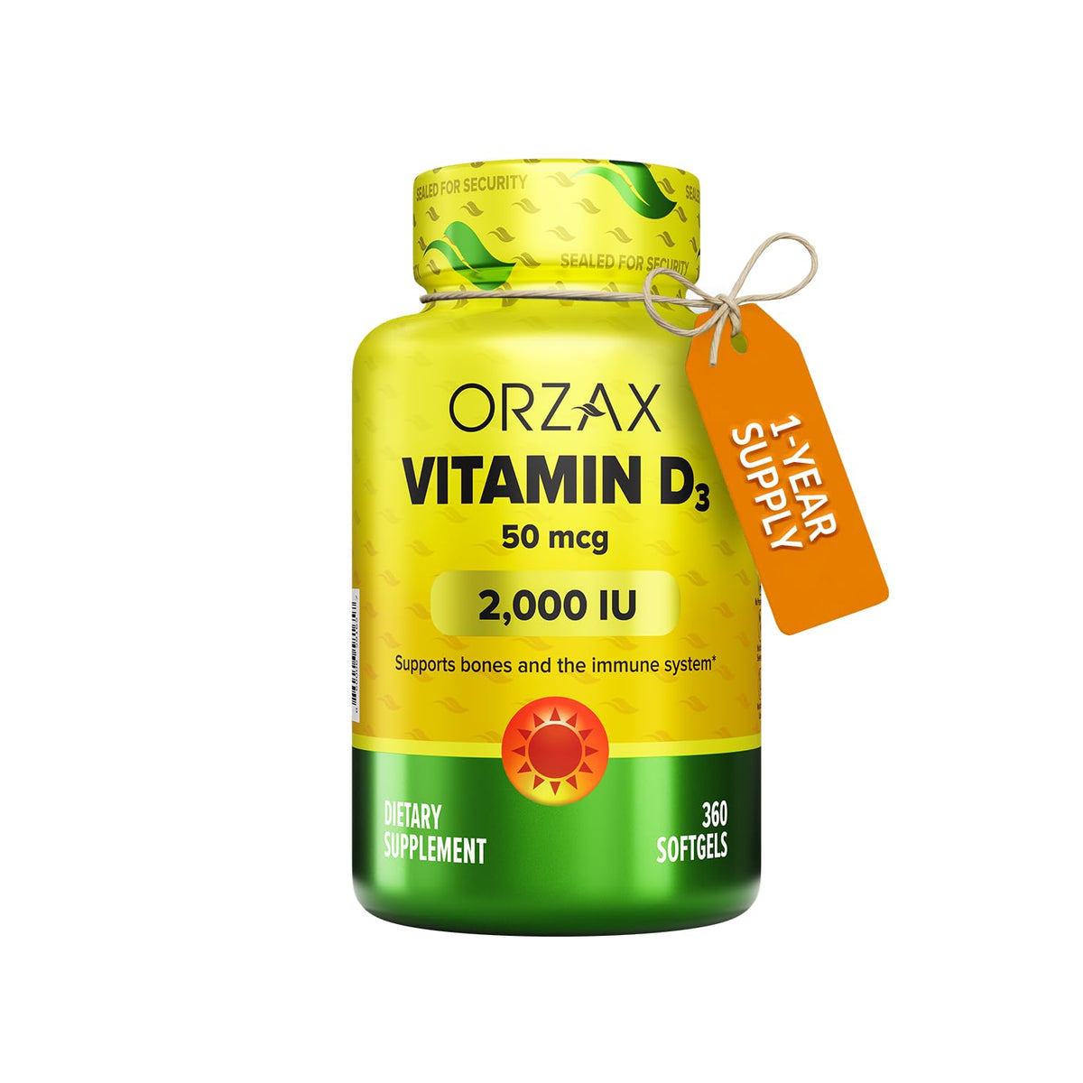 ORZAX Vitamina D3 2000 UI frente a la botella, cápsulas suaves para uso diario