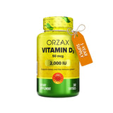 ORZAX Vitamina D3 2000 UI frente a la botella, cápsulas suaves para uso diario
