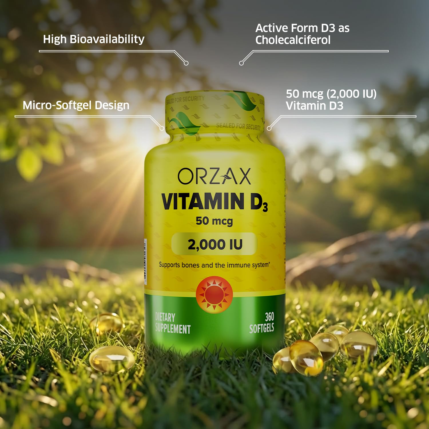 ORZAX Vitamina D3 2000 UI reverso de la botella muestra ingredientes