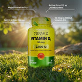 ORZAX Vitamina D3 2000 UI reverso de la botella muestra ingredientes