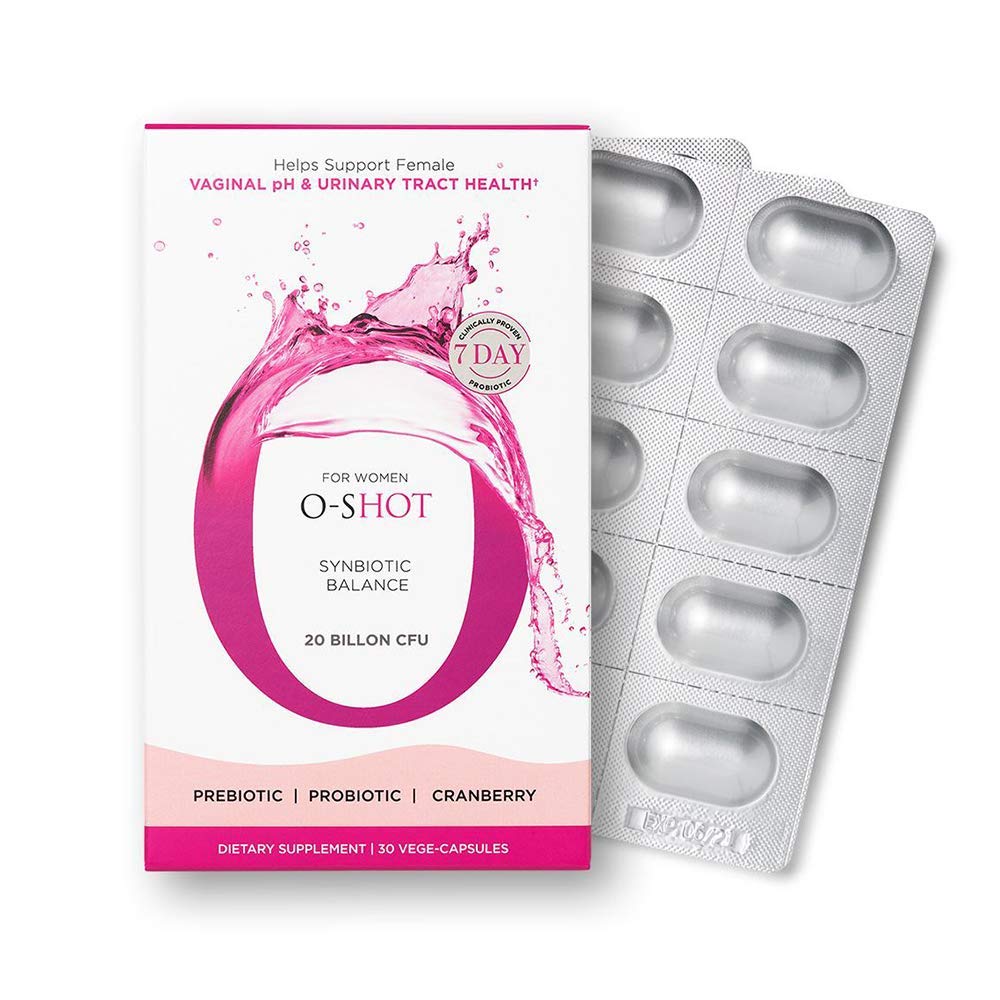 O-Shot probiótico vegano para mujeres, botella visible, apoyo al equilibrio vaginal.