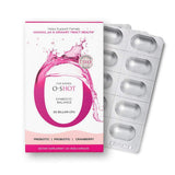 O-Shot probiótico vegano para mujeres, botella visible, apoyo al equilibrio vaginal.