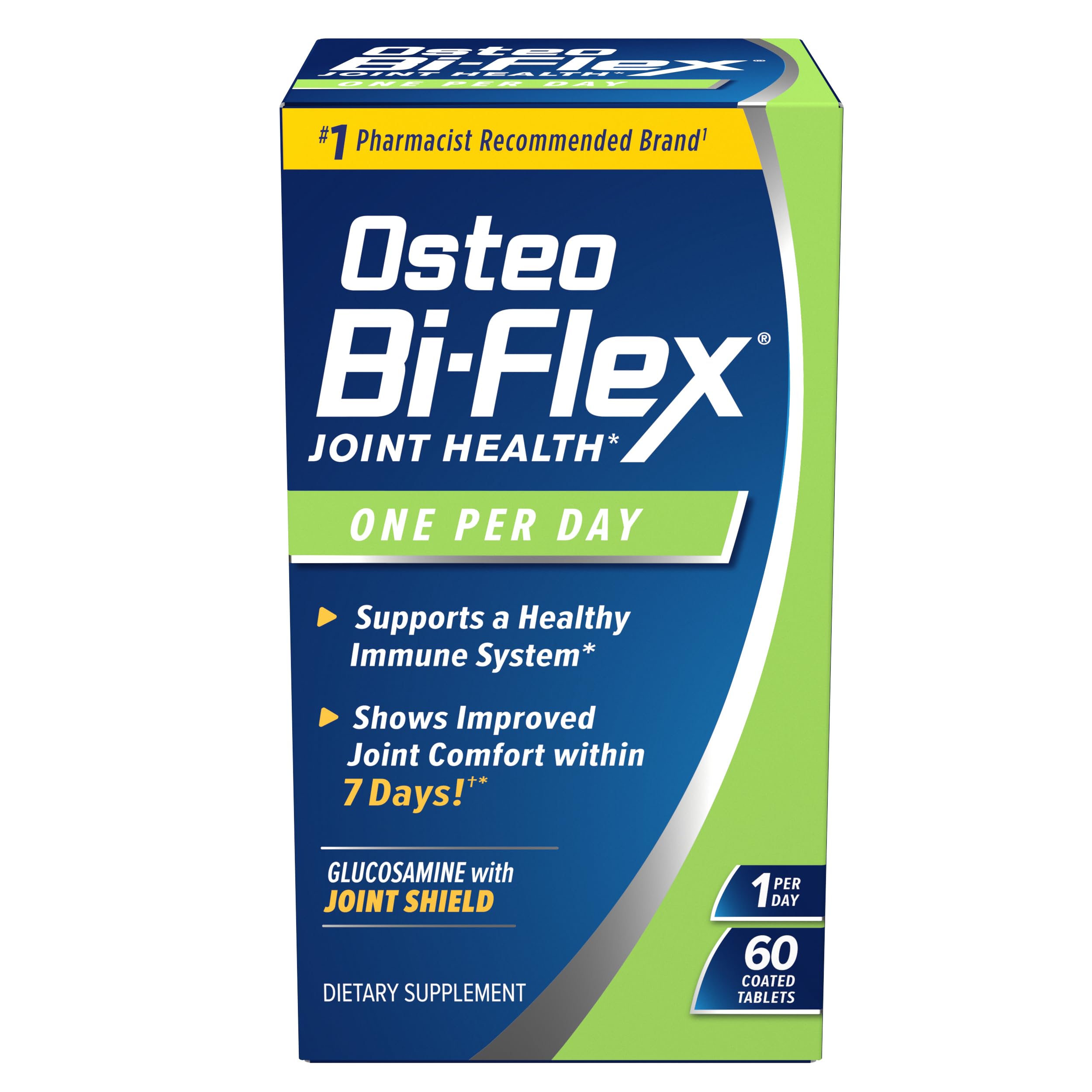 Osteo Bi-Flex una cápsula diaria: botella vista de frente para soporte articular diario.