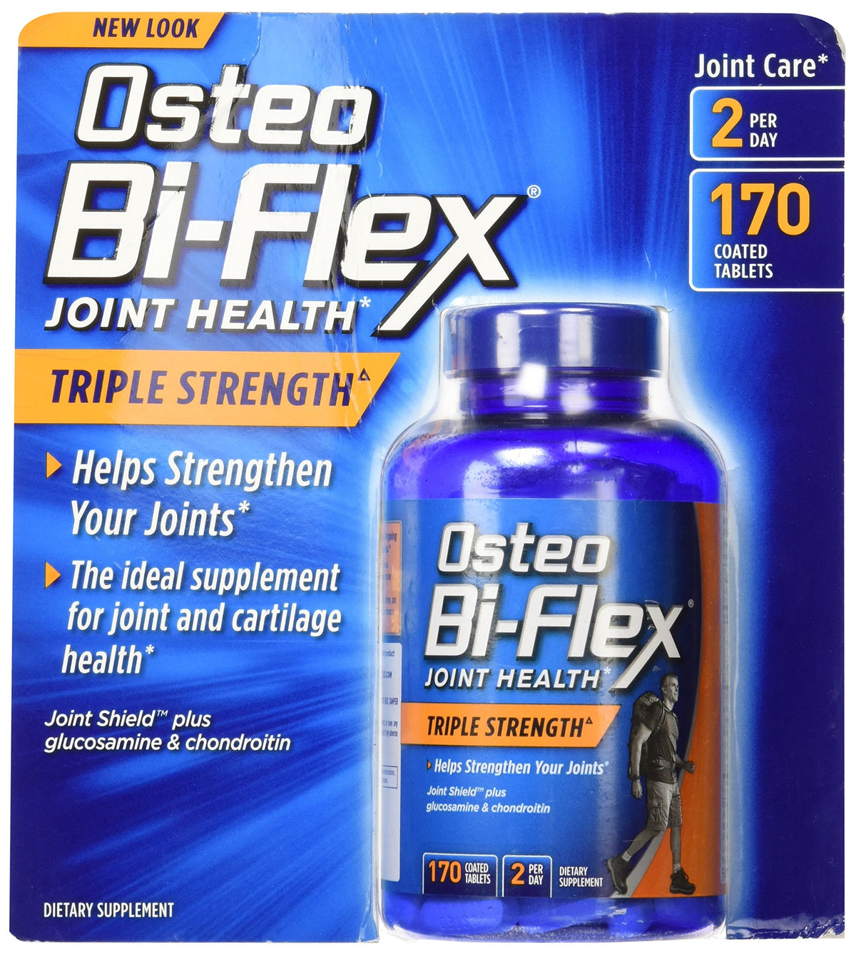 Osteo Bi-Flex: botella con tabletas, posible apoyo a la movilidad diaria.
