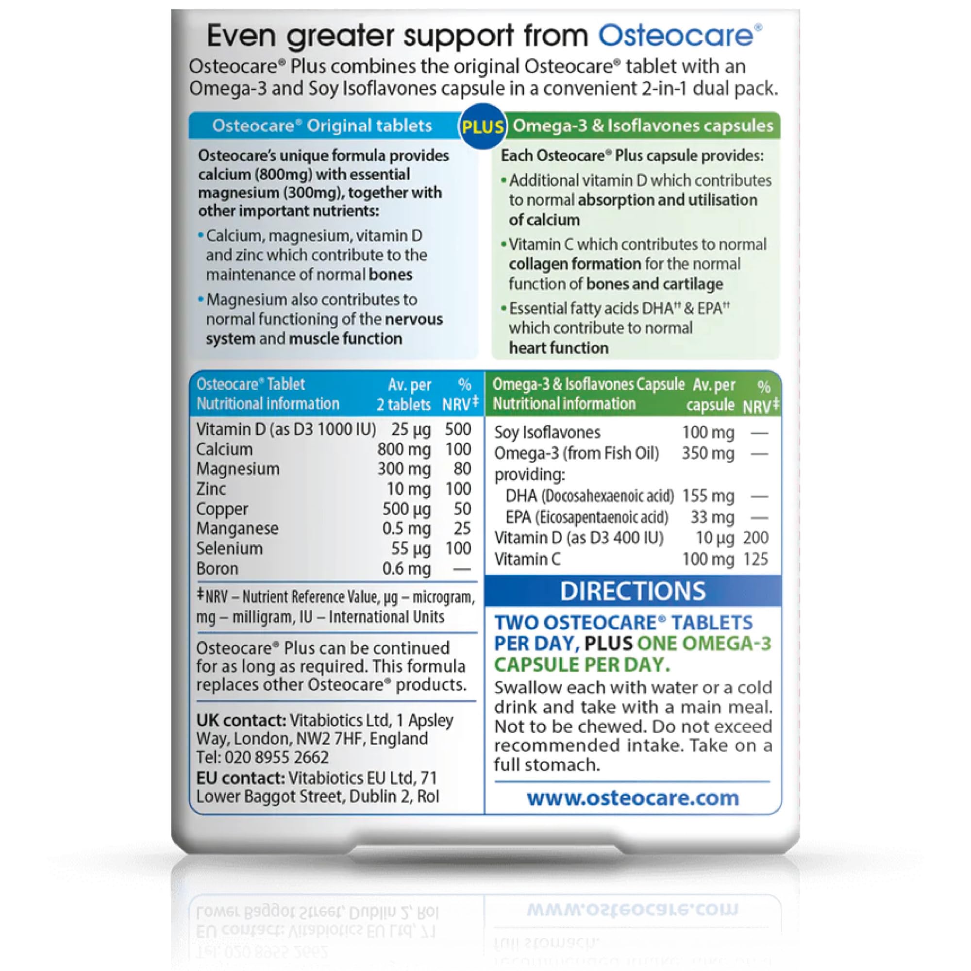 Osteocare Plus calcio-800mg y D3, mejora la absorción del calcio.