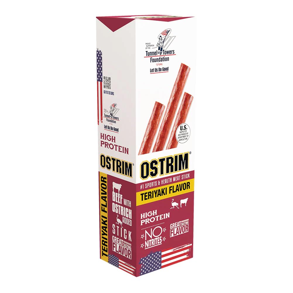 Ostrim Teriyaki Jerky barras listas para llevar, snack proteico sabroso.