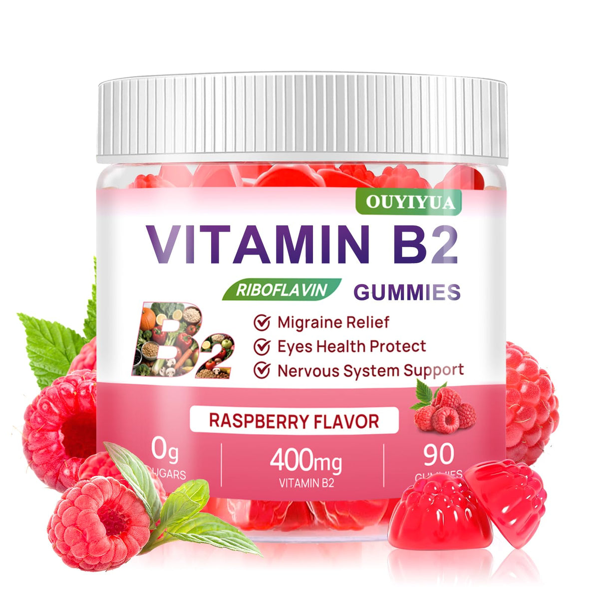 OUYIYUA gomitas B2-400 mg frambuesa, energía diaria y sabor agradable.