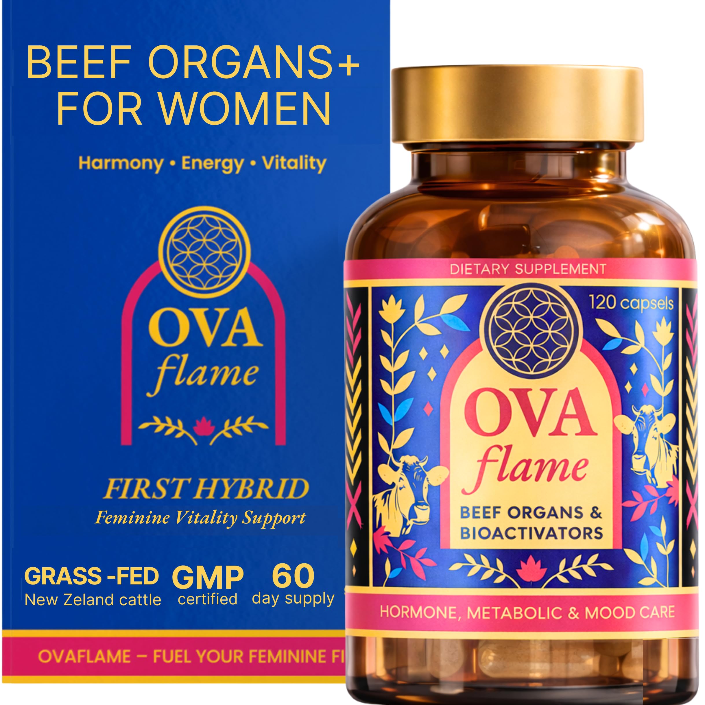 OVA flame, frente del bote de cápsulas para mujeres, ideal para uso diario.