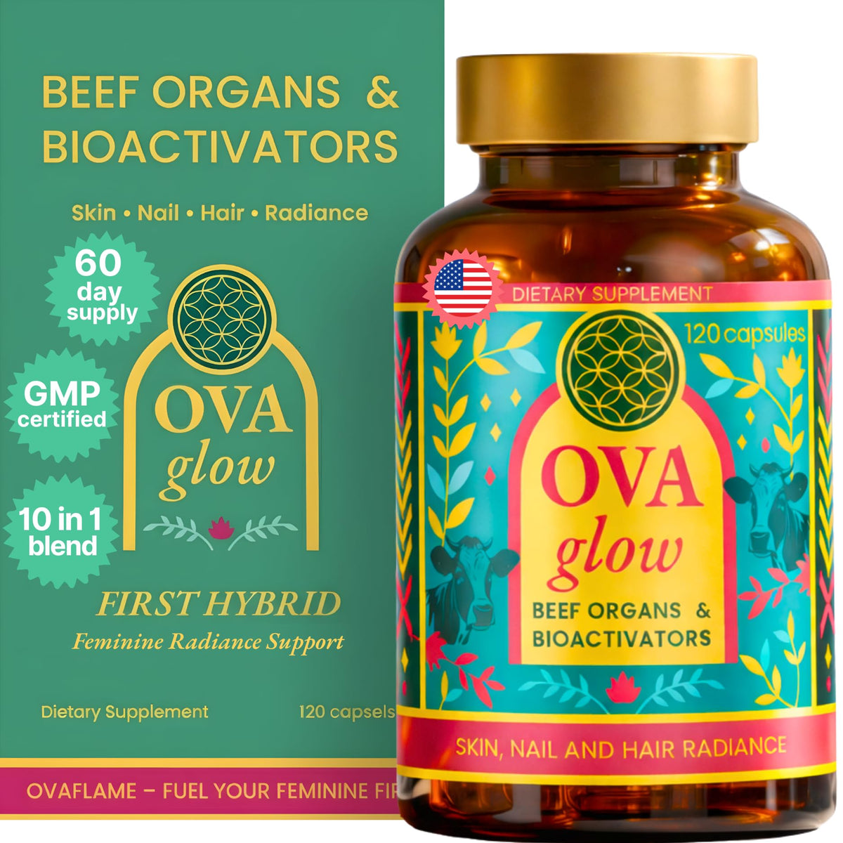 OVA flame Órganos de res para mujeres en cápsulas, belleza desde adentro para piel y uñas.