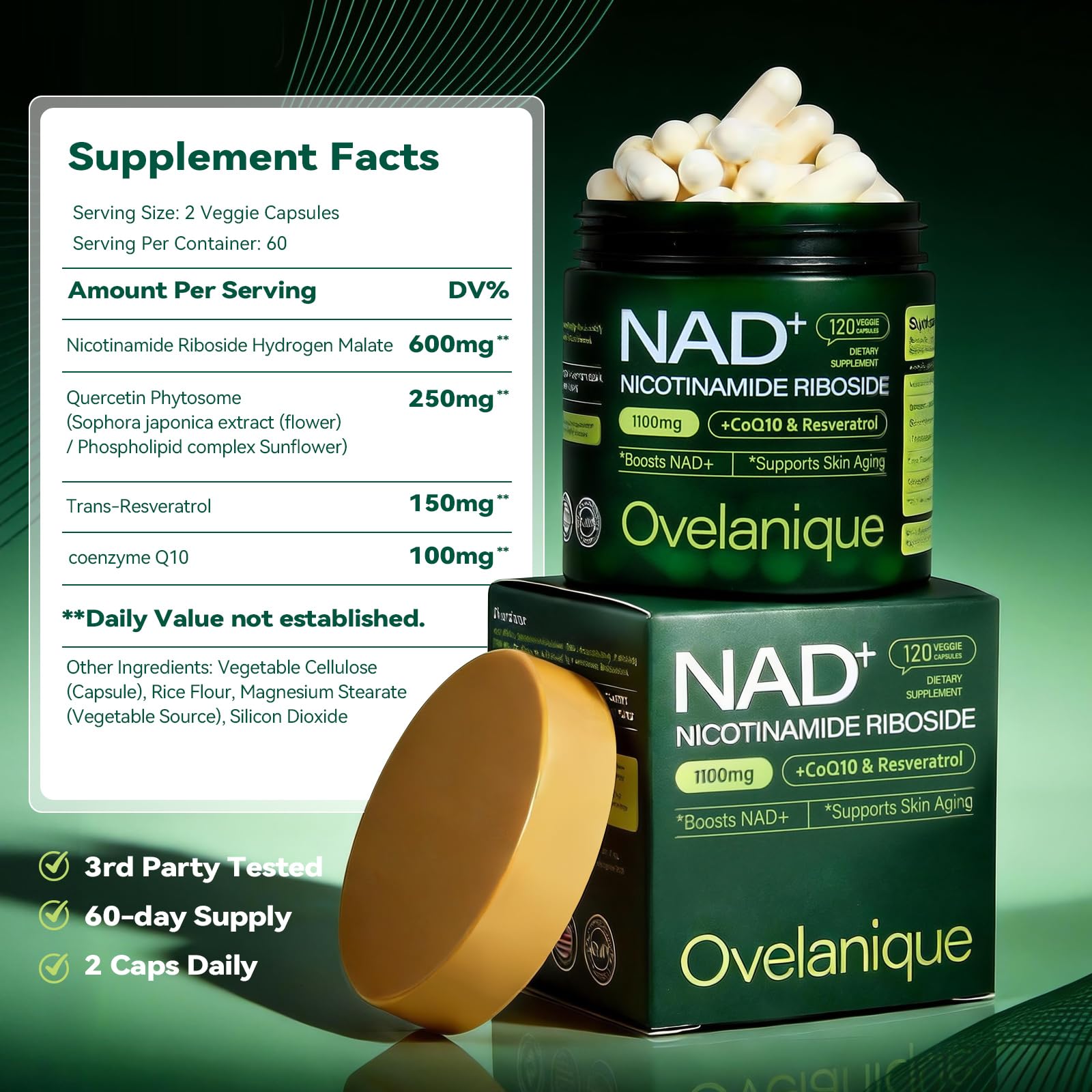Ovelanique NAD etiqueta frontal mostrando ingredientes clave y beneficios posibles.